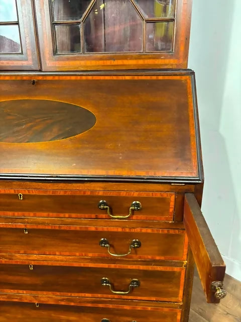 Edwardian Sheraton Style Inlaid Mahogany Bureau Bookcase