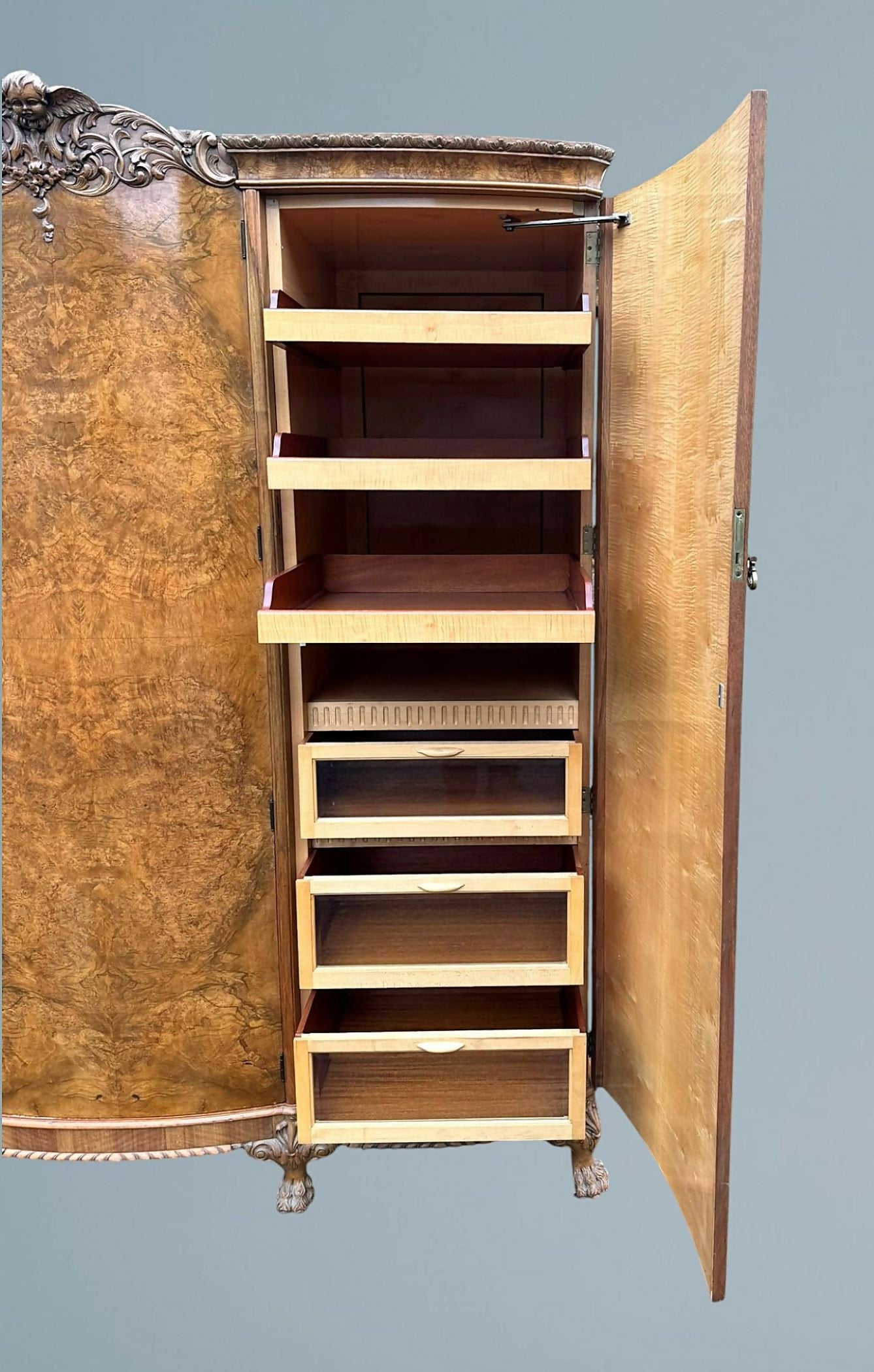 Carved Walnut and Maple Three Door Wardrobe Berick Furniture