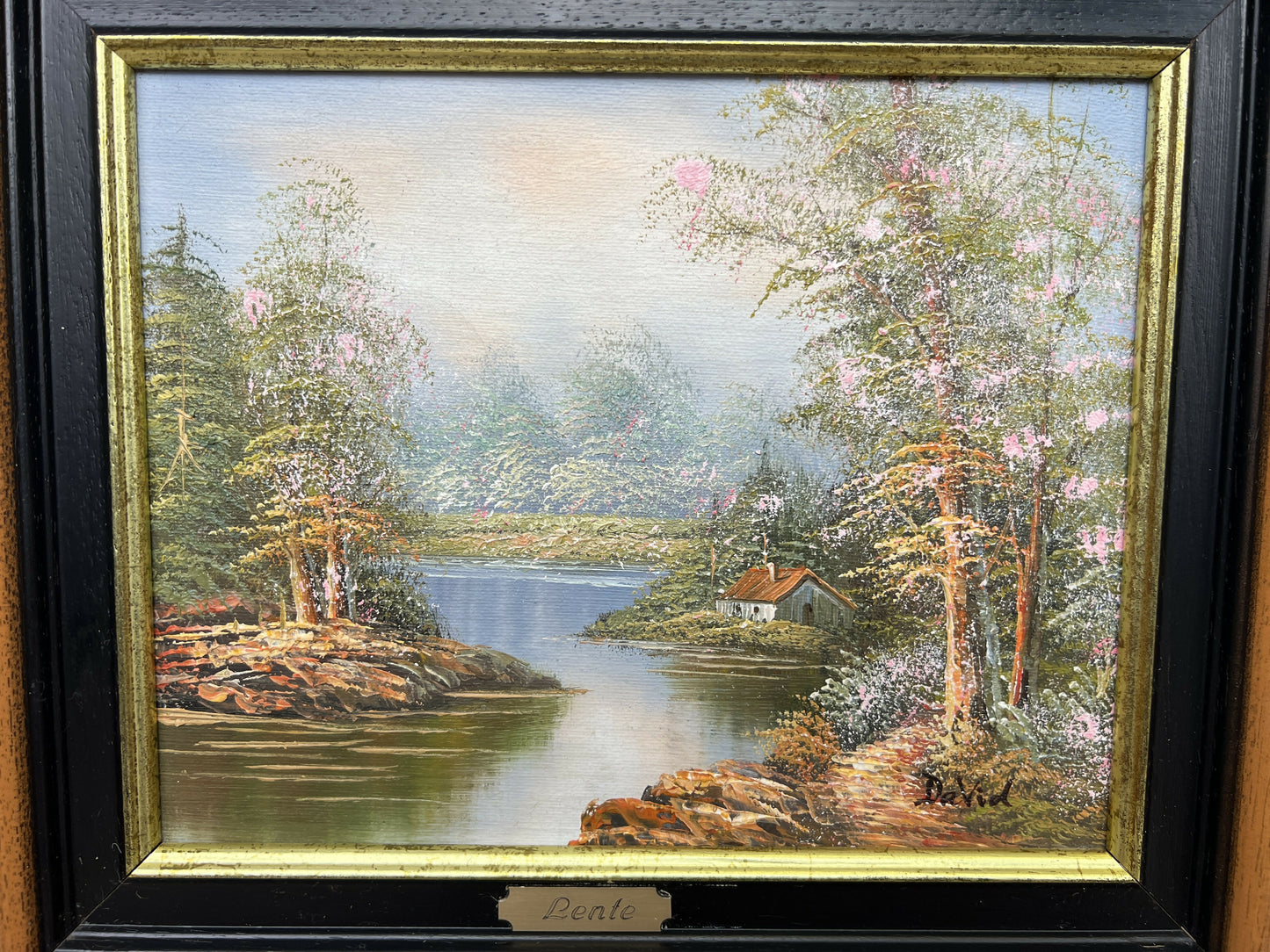 Painting Vintage French Style Signed Landscape Lake Cottage Framed LOT 6469