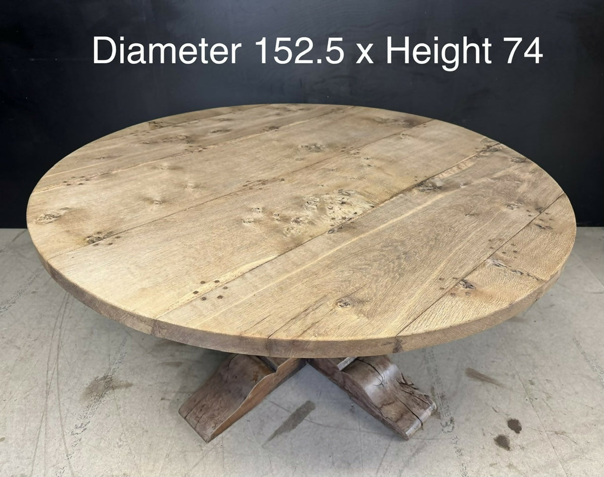 Large Round Bleached Oak Farmhouse Dining Table