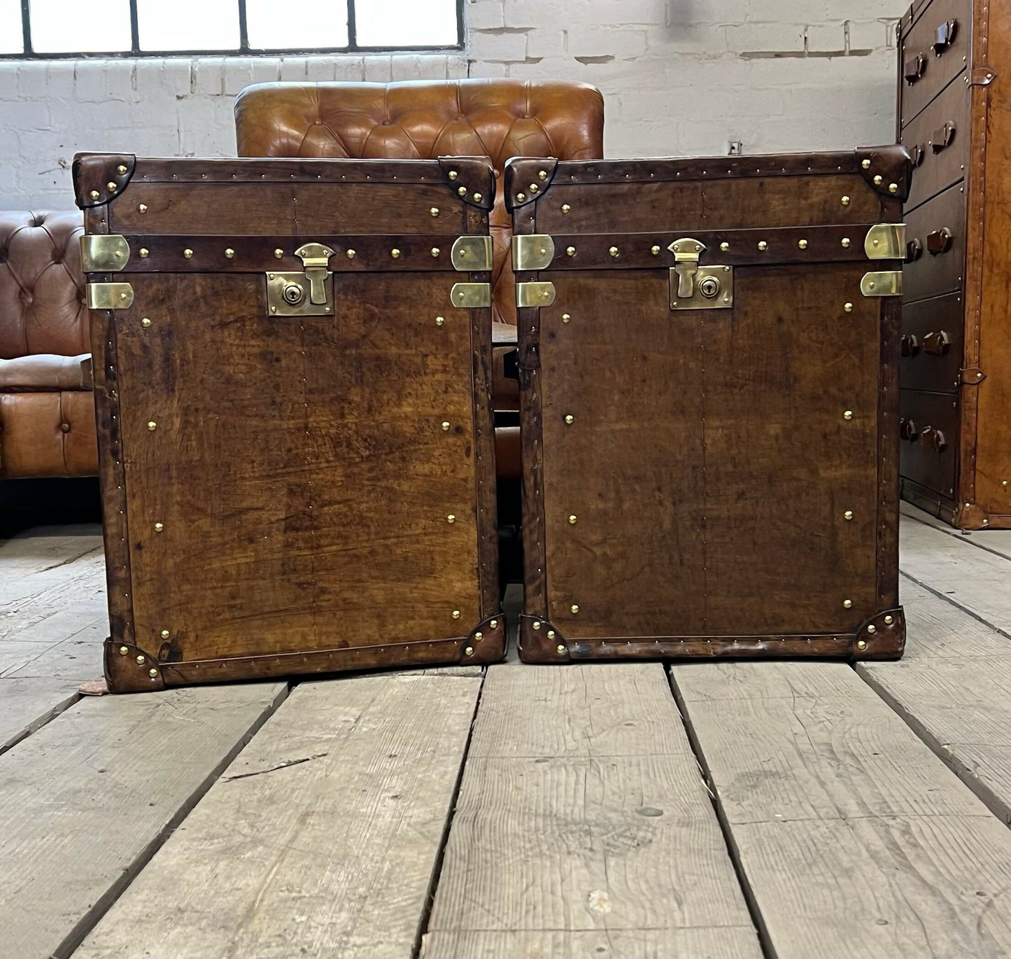 Handmade vintage storage trunks - luxury custom made - brown leather accent tables