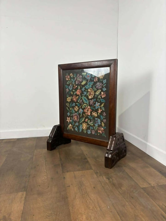 Vintage oak Framed Floral Tapestry Fire Screen
