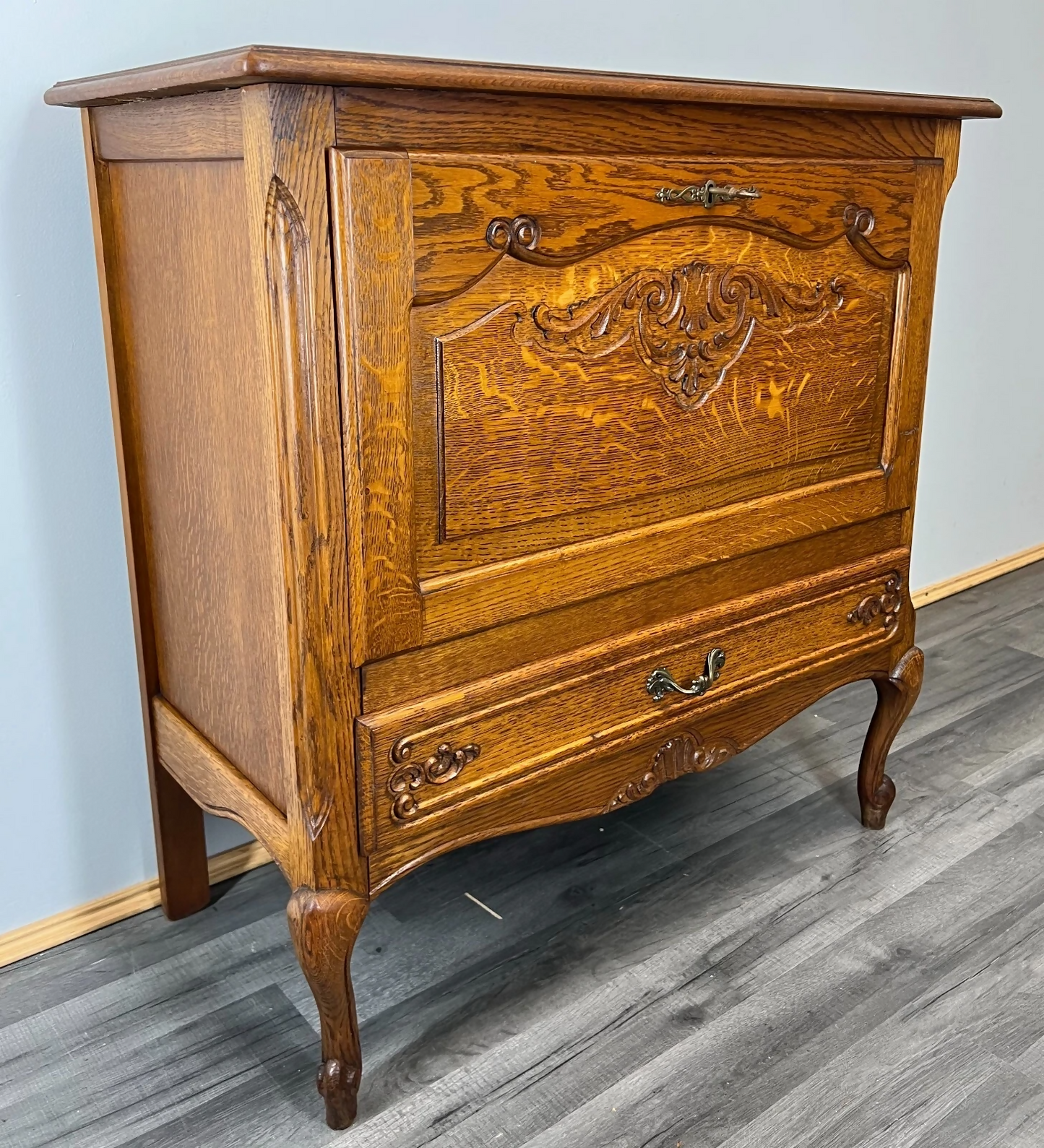 Cabinet Vintage French Louis XVI Style Oak Fall Front Carved Sideboard LOT 3779