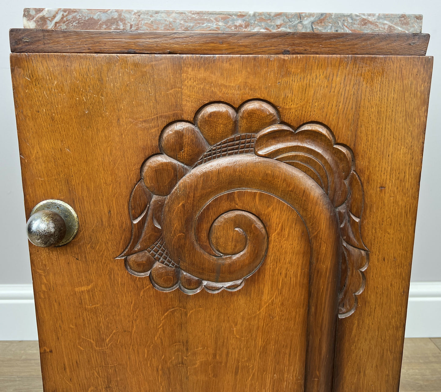 Bedside Table Antique French Art Deco Marble Top Oak Cabinet Nightstand LOT 6238