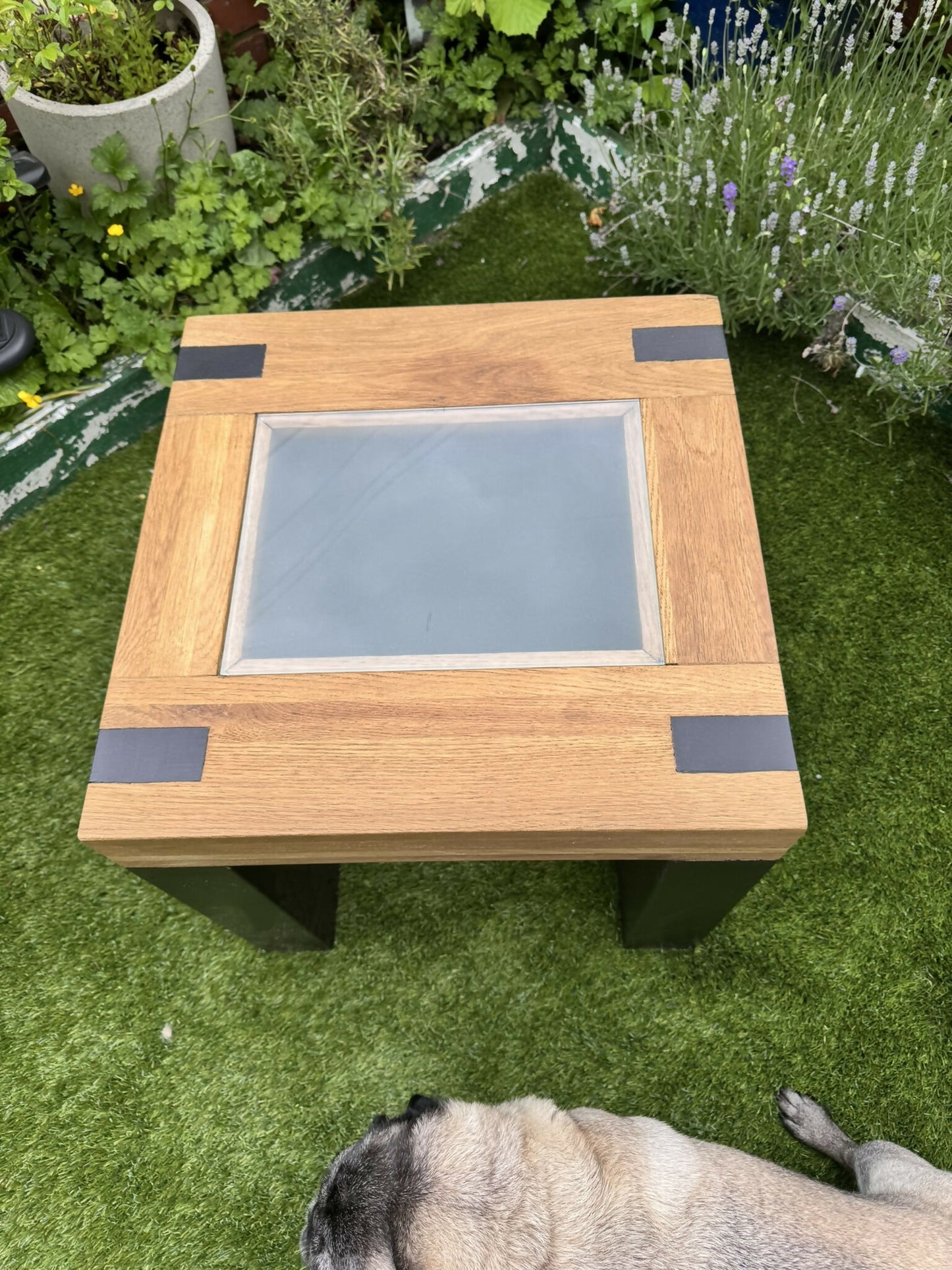 Oak Side Table with Glass Top, Black and Wood End Table, Revived Industrial Furniture, Handmade Bedside or Lamp Table, UK