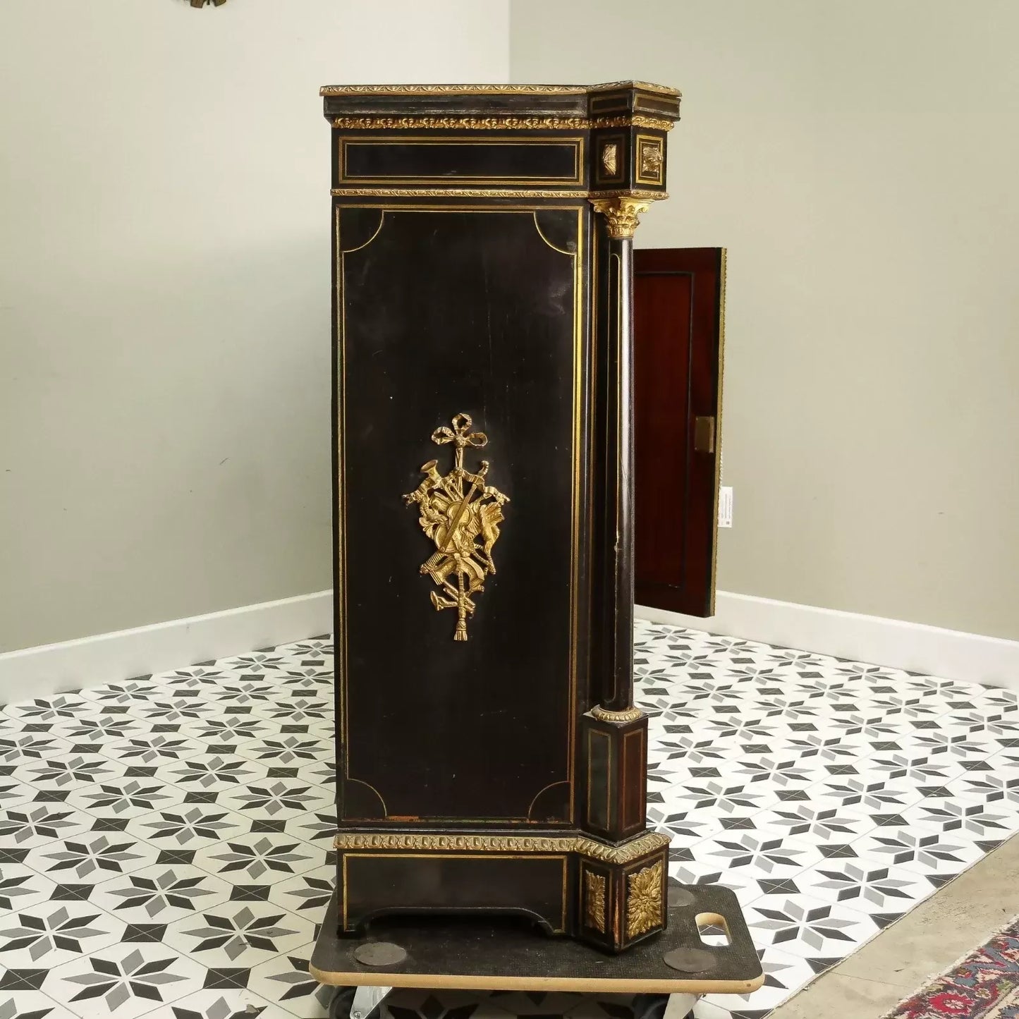 Antique Ebonised Black and Gilt Brass Credenza 19th Century with Porcelain Plaques