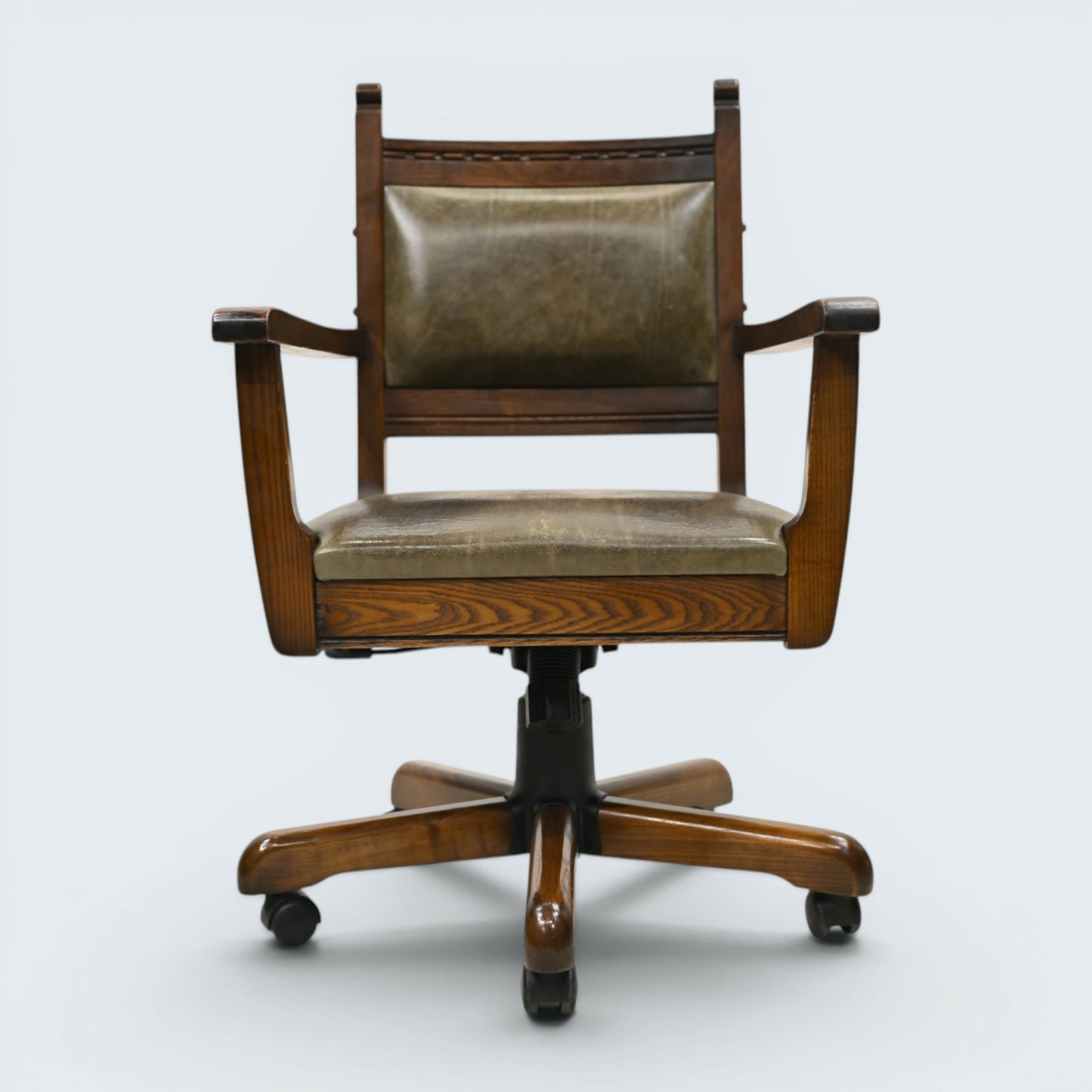 Vintage Wood Bros Old Charm Captains Office Chair Green Hide Leather Swivel Tilt