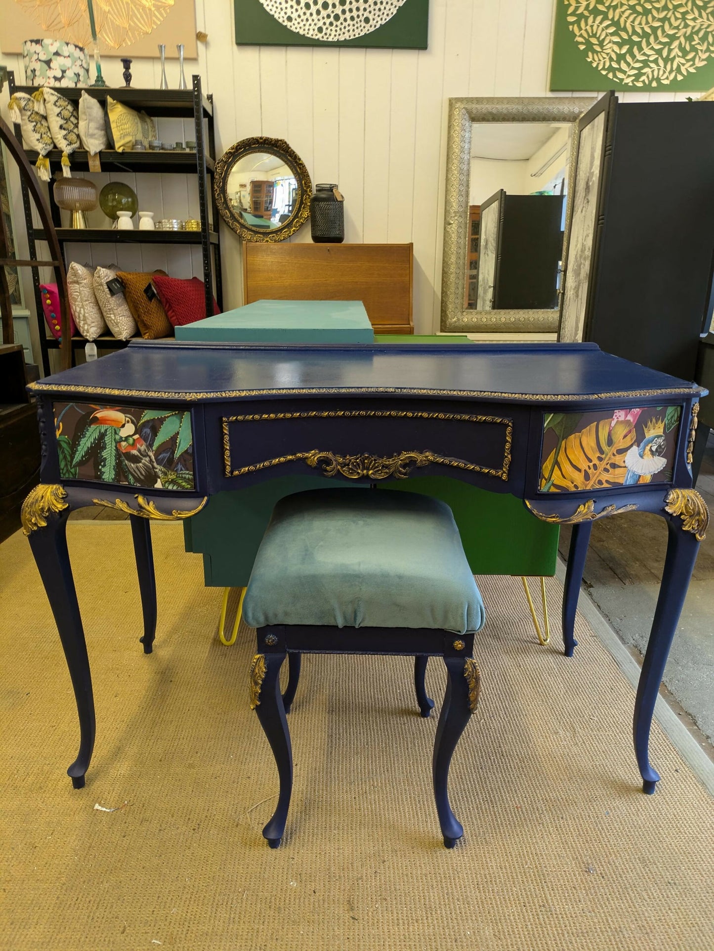 Vintage French Dressing Table, Desk Bedroom Office. Painted Furniture. Upcycled Navy Blue Gold Tropical Bird Commission Piece