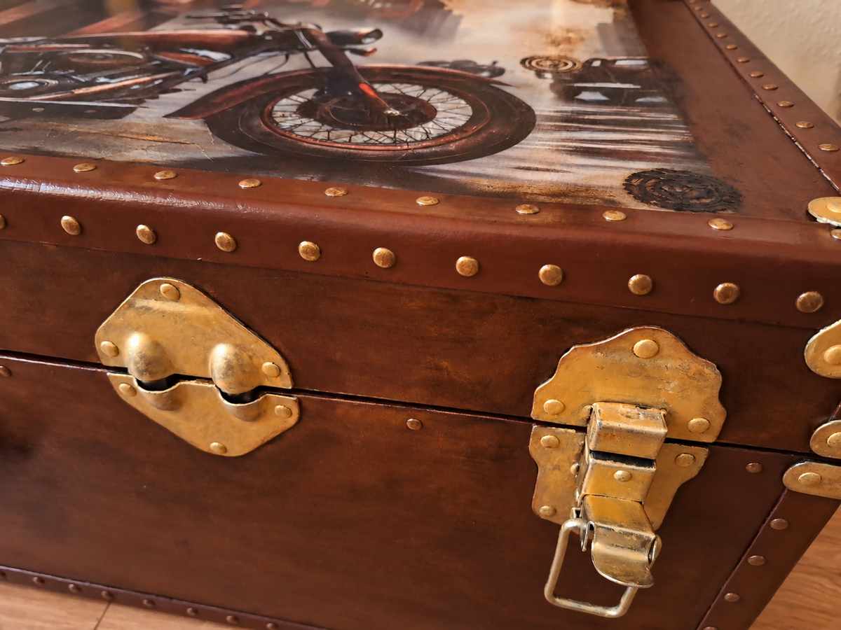 Decoupaged trynk.Industrial Motorcycle Coffee Table / Storage Trunk