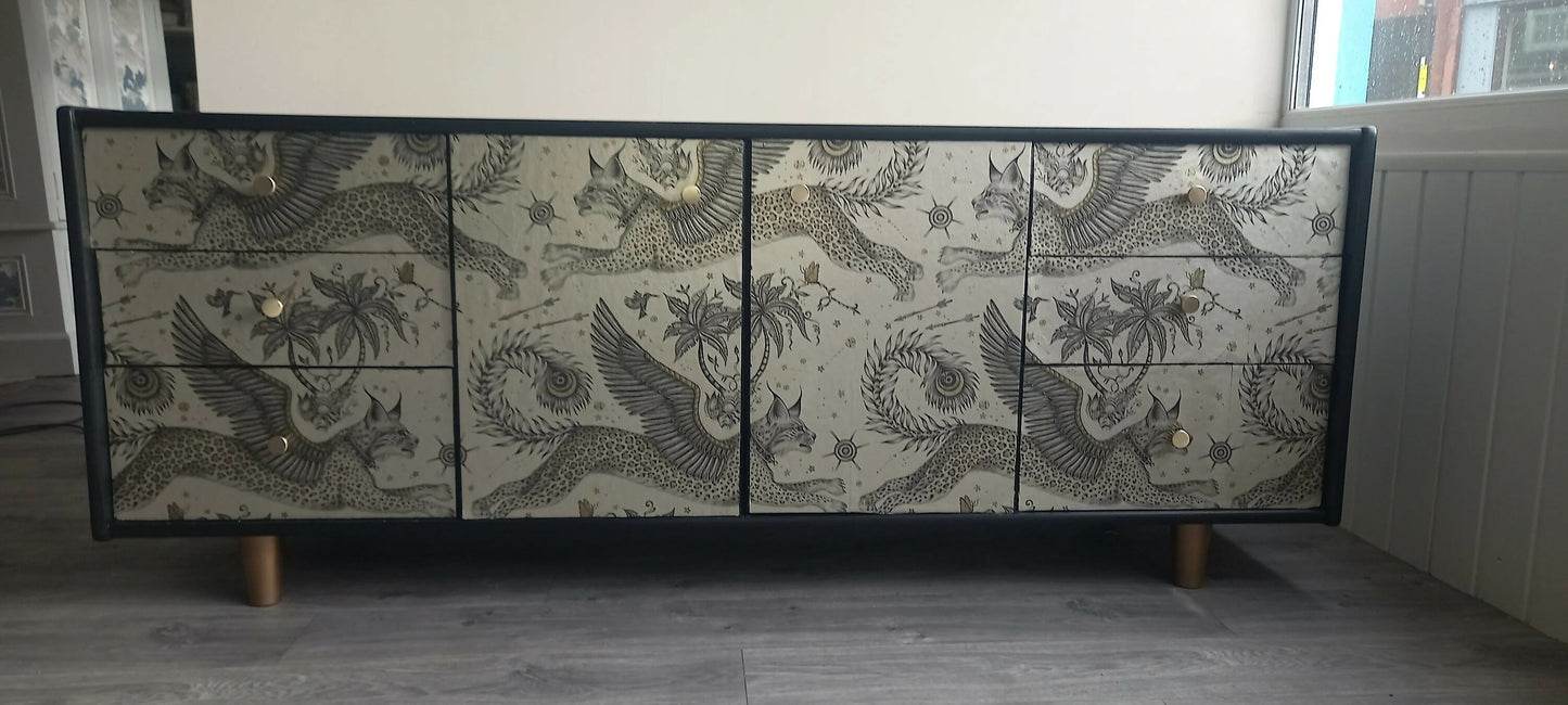 Midcentury Sideboard, Black and Gold Lynx Print. Painted Upcycled Living Room Furniture