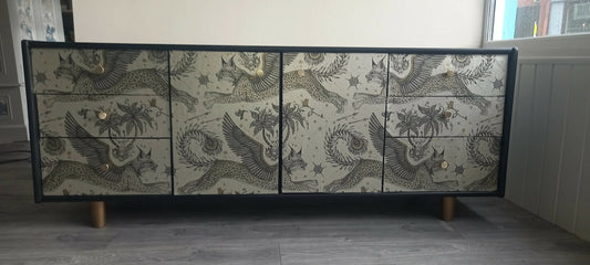 Midcentury Sideboard, Black and Gold Lynx Print. Painted Upcycled Living Room Furniture
