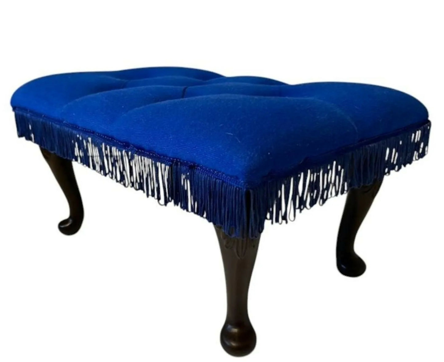 Vintage Upholstered Footstool Blue Tufted Stool Fringe Cabriole Legs