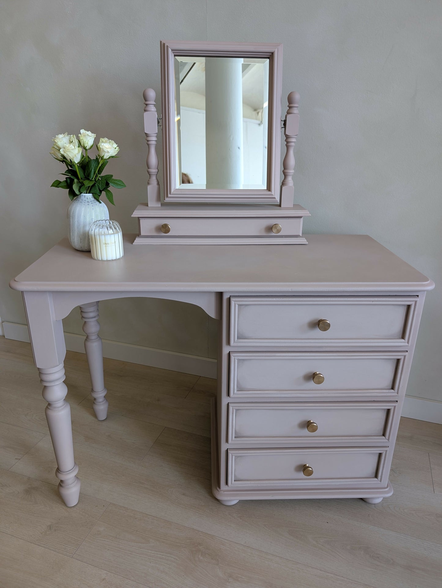 Vintage Dressing Table with Mirror Hand Painted Vanity Desk in a Blush Taupe