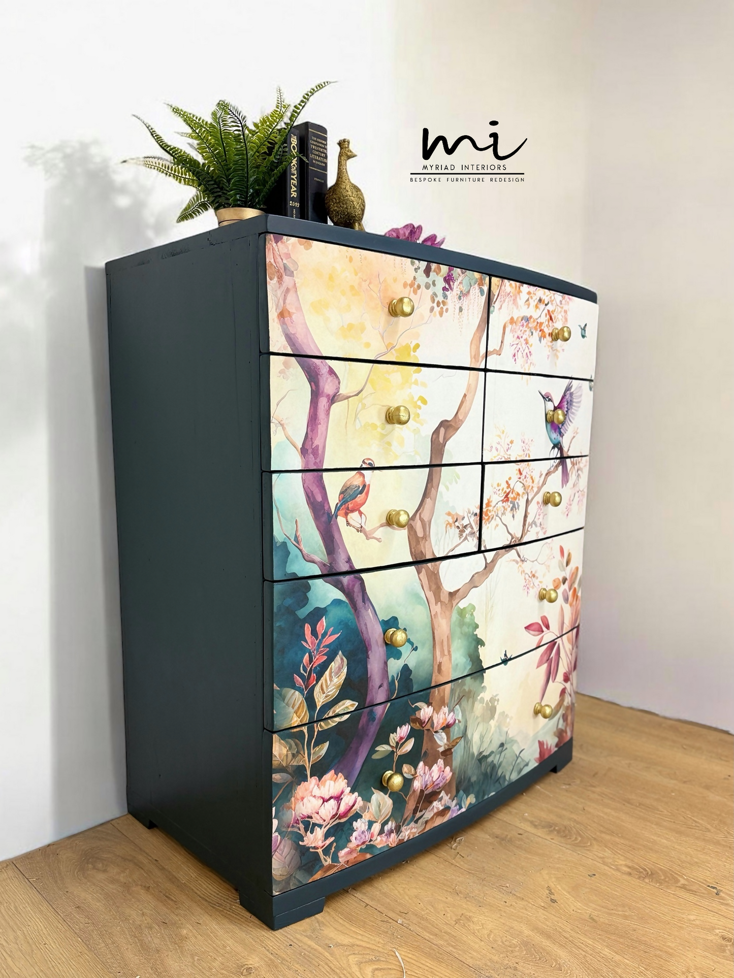 Beautiful watercolour floral mural extra large chest of drawers in a deep teal navy blue. Solid wood, botanical sideboard