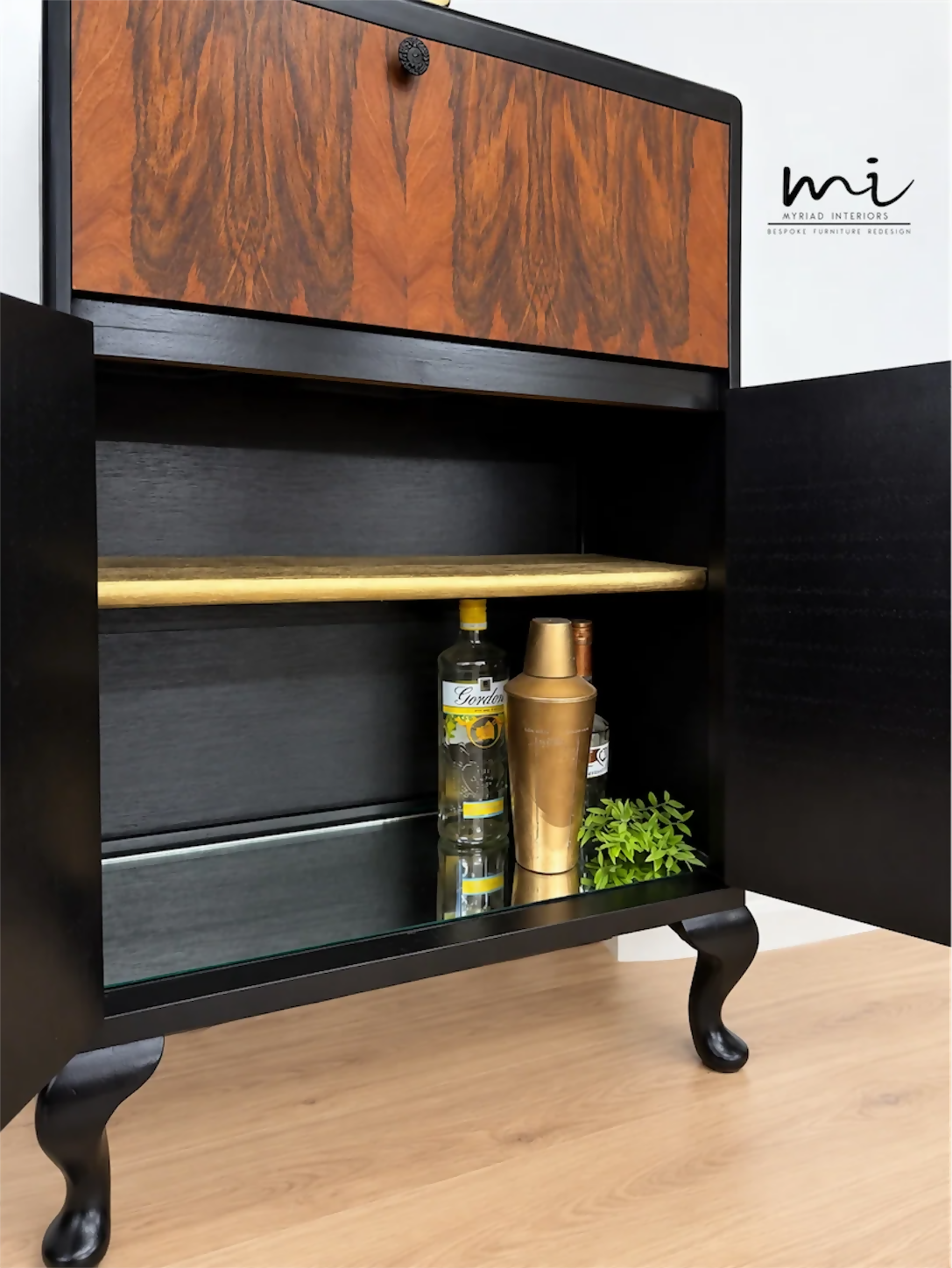 Art Deco Burl Walnut Petit Cocktail Cabinet, Black and Gold, Vintage Drinks Cabinet