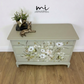 Refinished Stag Minstrel 4 over 2 chest of drawers in eucalyptus green with pretty floral design, dresser, dressing table pale sage, vintage
