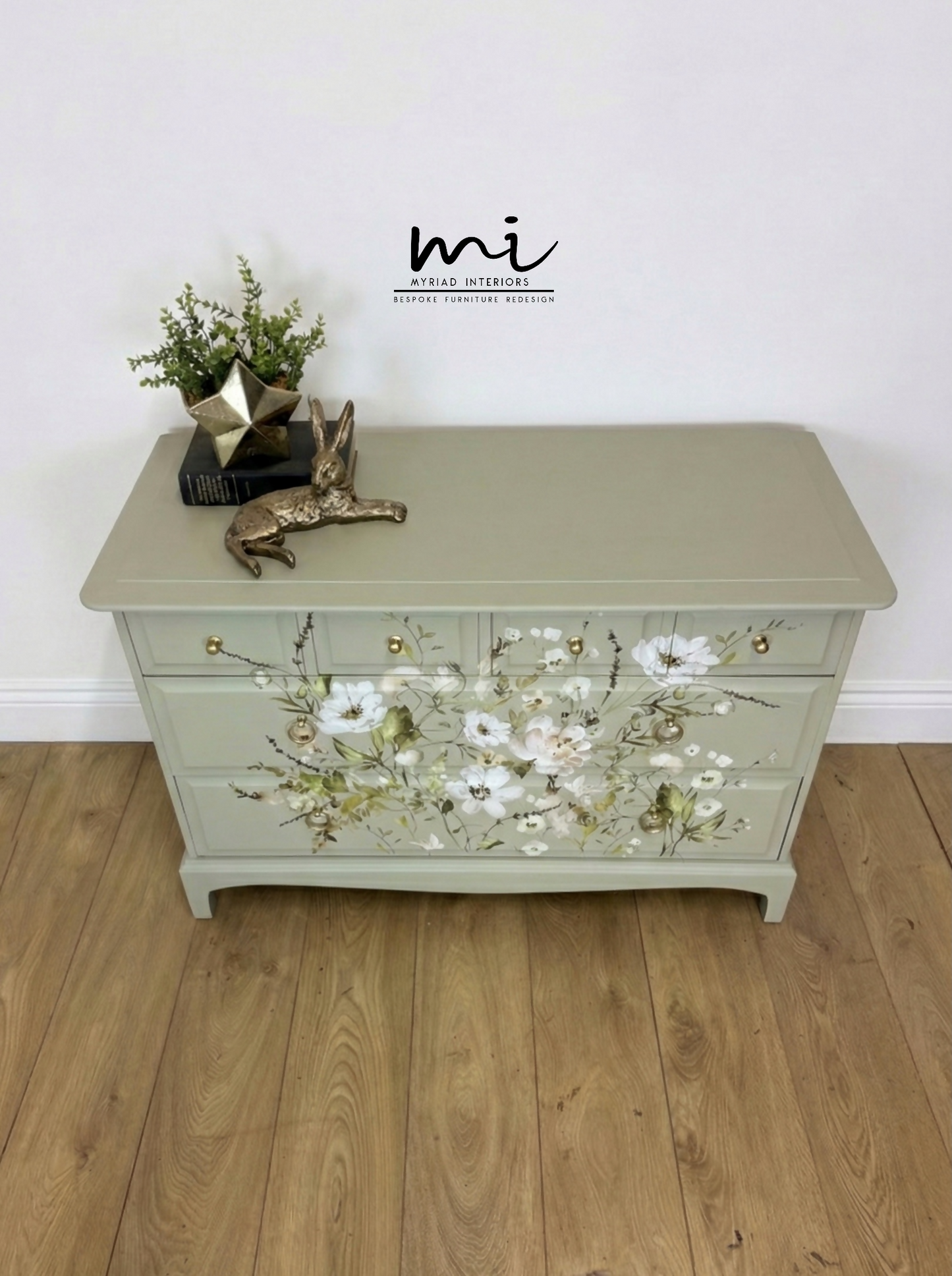 Refinished Stag Minstrel 4 over 2 chest of drawers in eucalyptus green with pretty floral design, dresser, dressing table pale sage, vintage