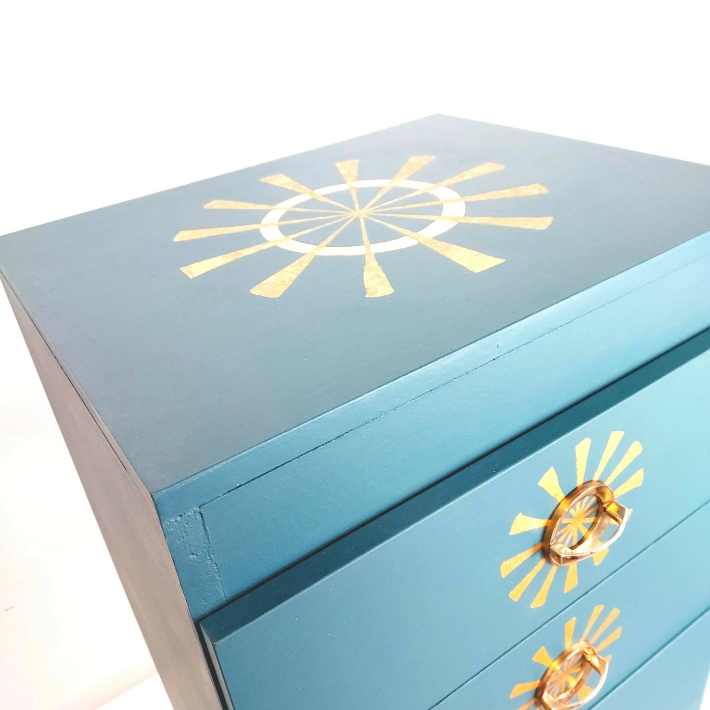 Upcycled hand painted drawers in teal with gold leaf design