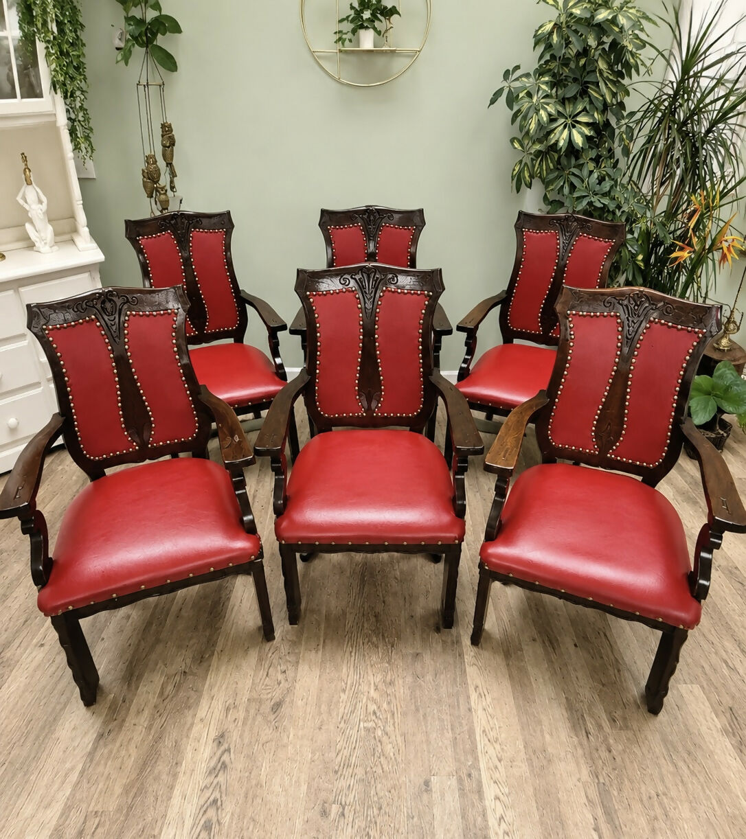 Individual Victorian Arts & Crafts Red Leather Carver Chairs, Carved Oak X6 Available