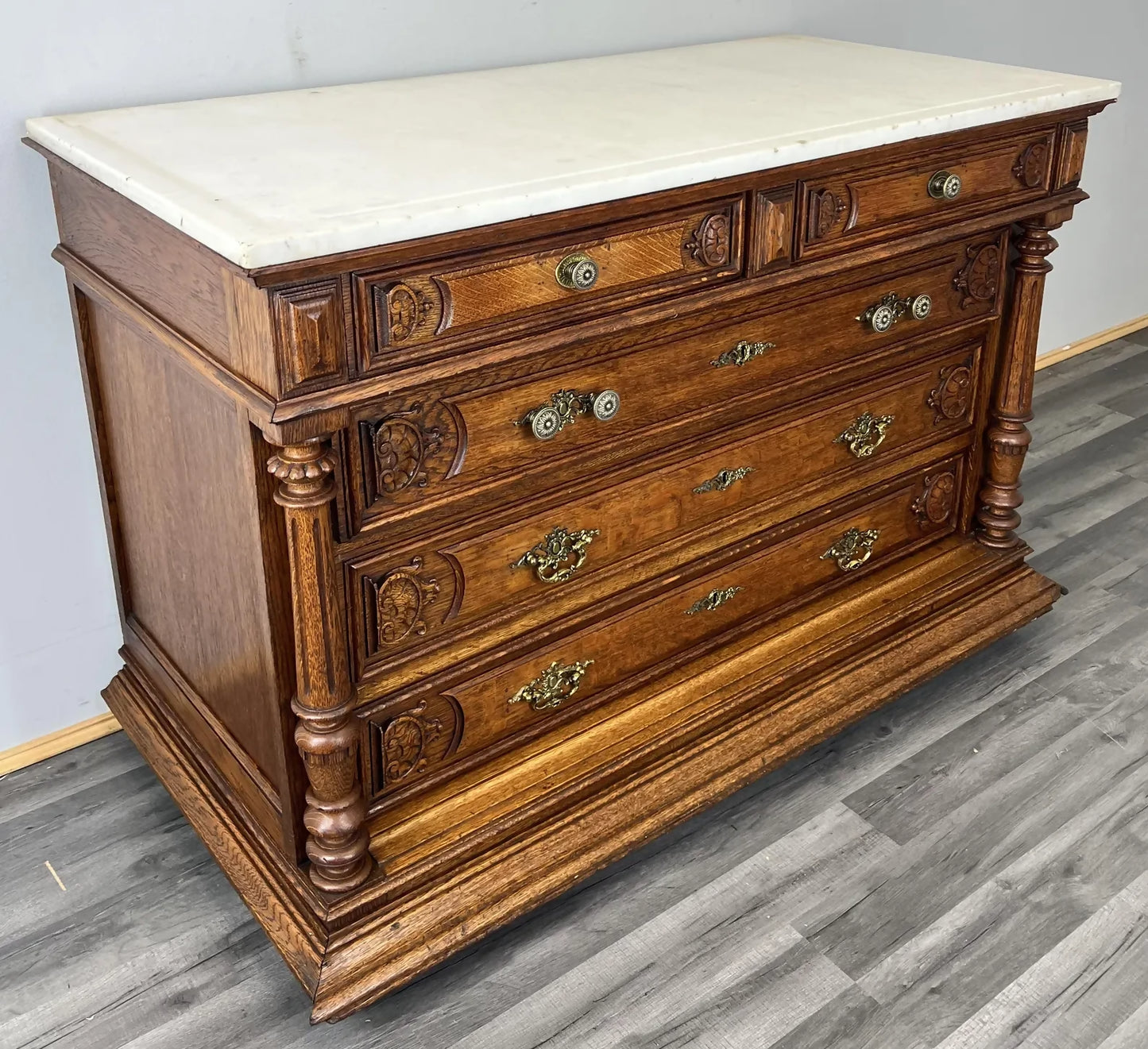 Chest of Drawers Antique French Style Marble Top Oak Carved Cabinet LOT 4808