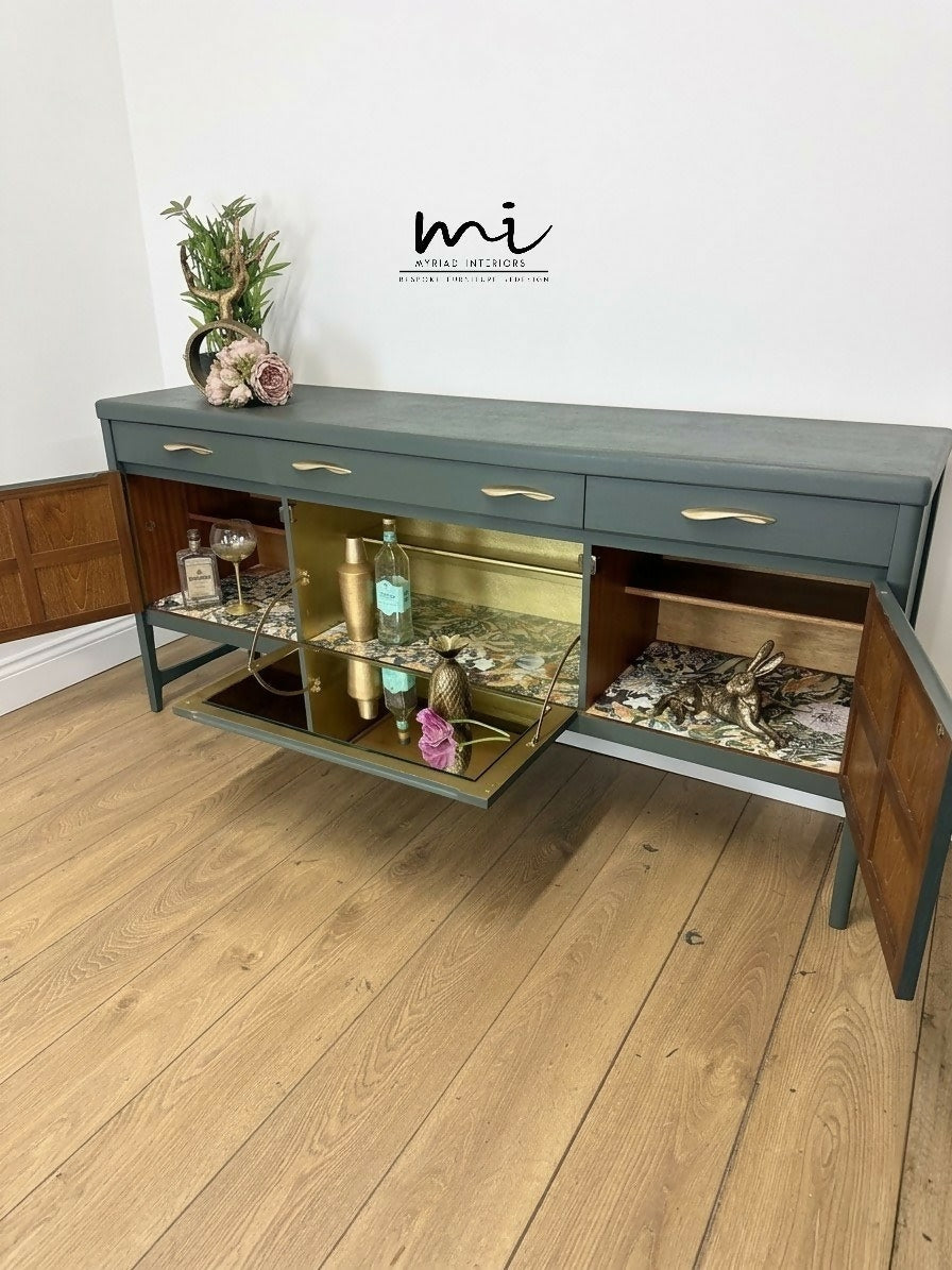 PAINTED TO ORDER Refinished Vintage Large Nathan Sideboard Drinks Cabinet In Deep Dusky Olive Green