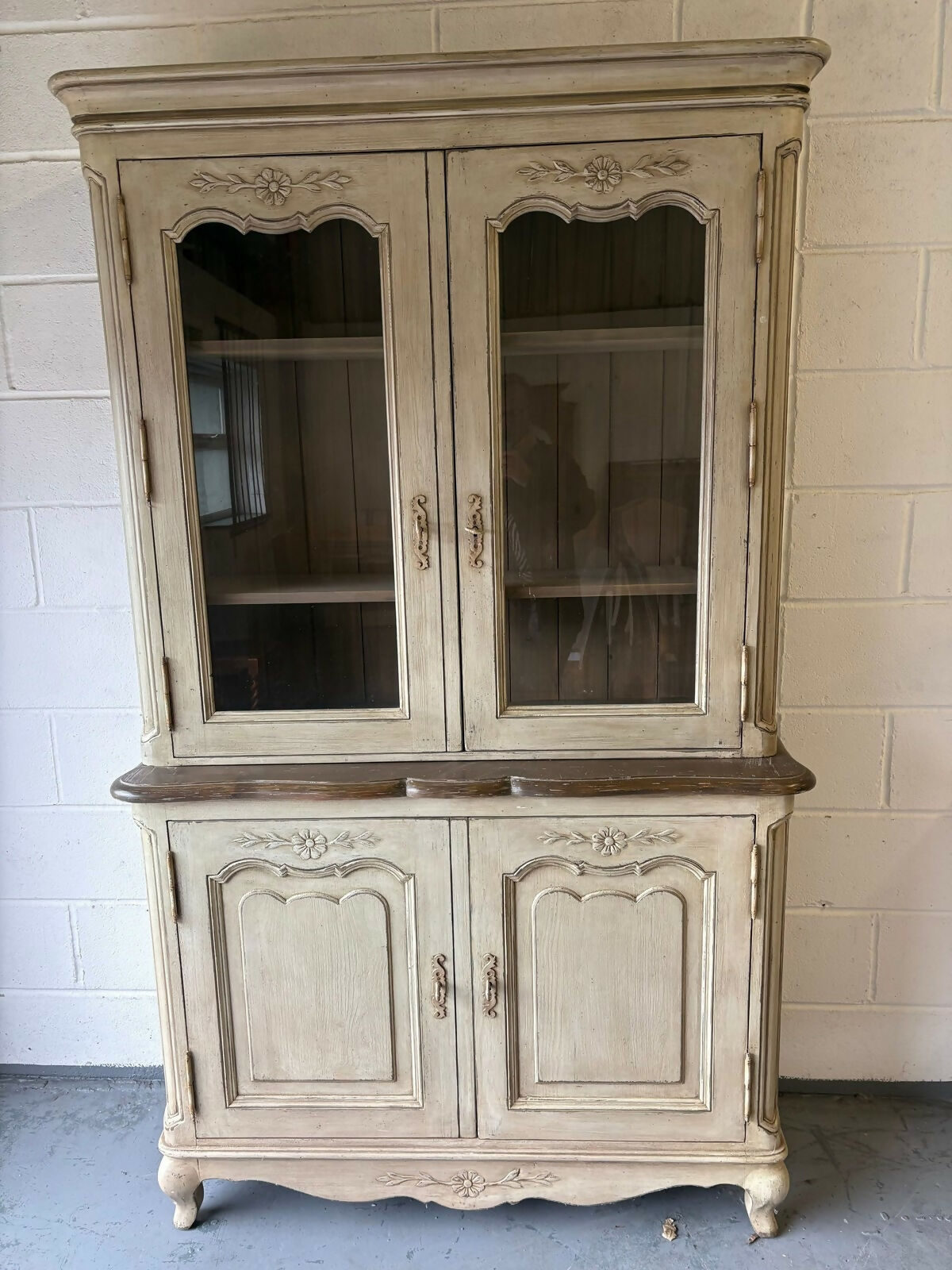 Vintage French Painted Pine display cabinet Glazed doors carving shelves cabrio
