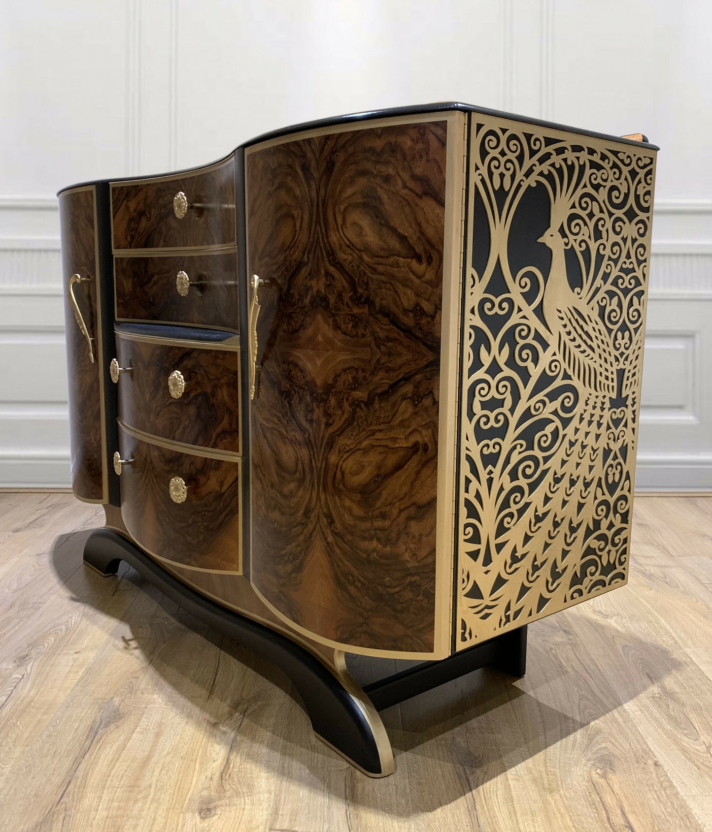 Large Art Deco Walnut and Gold Sideboard / Drinks Cabinet