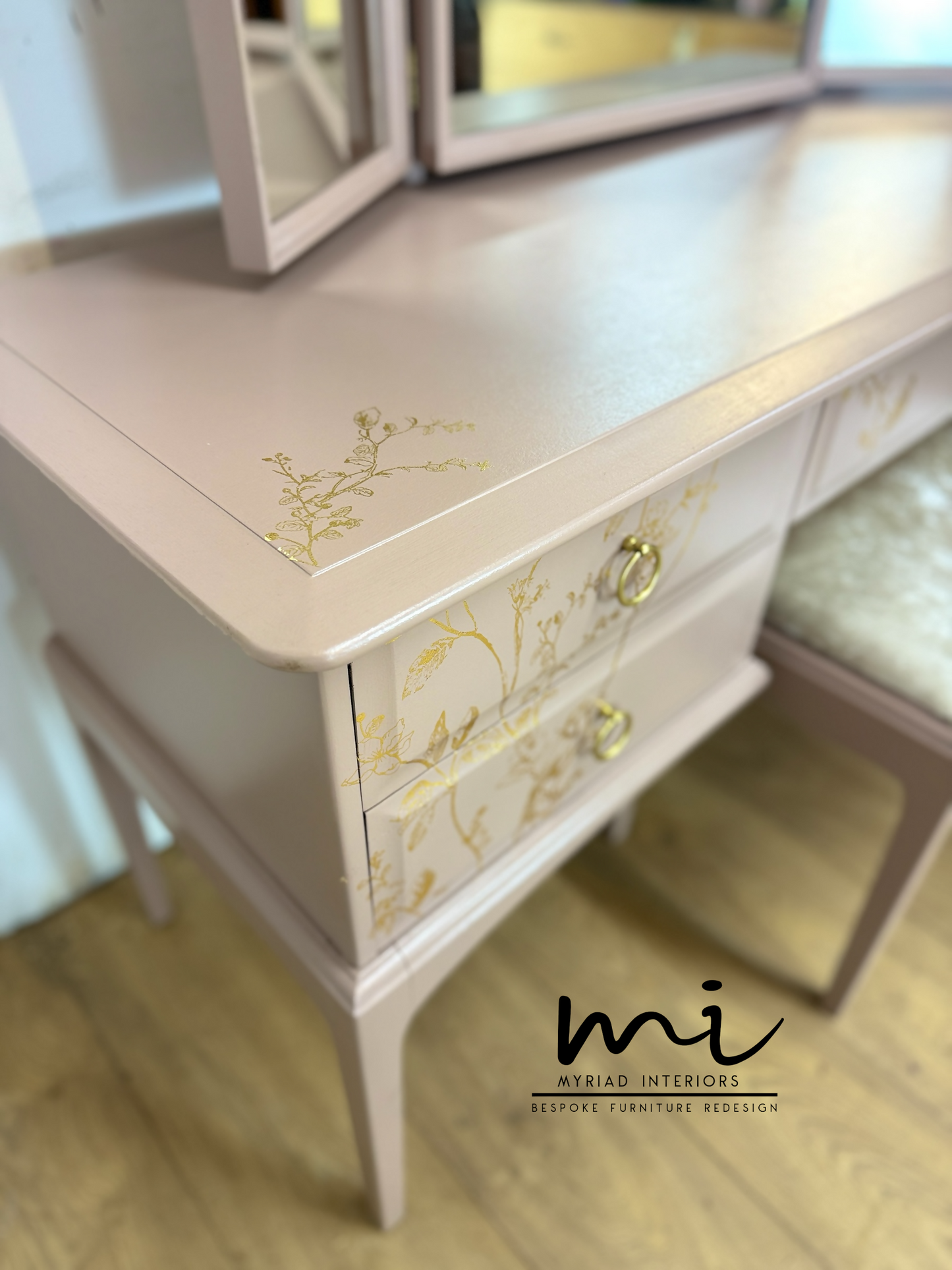 Painted to Order Pretty Dusky pink Stag Minstrel dressing table art with gold birds and flower design. Rose