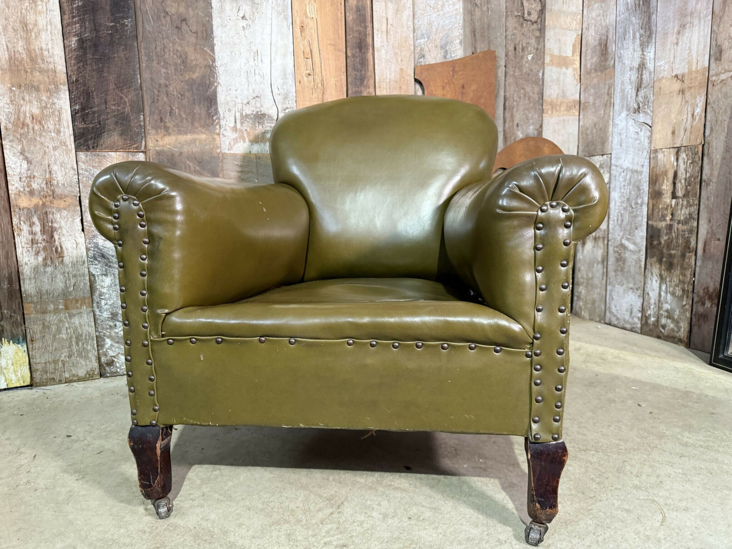 Vintage Edwardian Green Leather Armchair, c.1930
