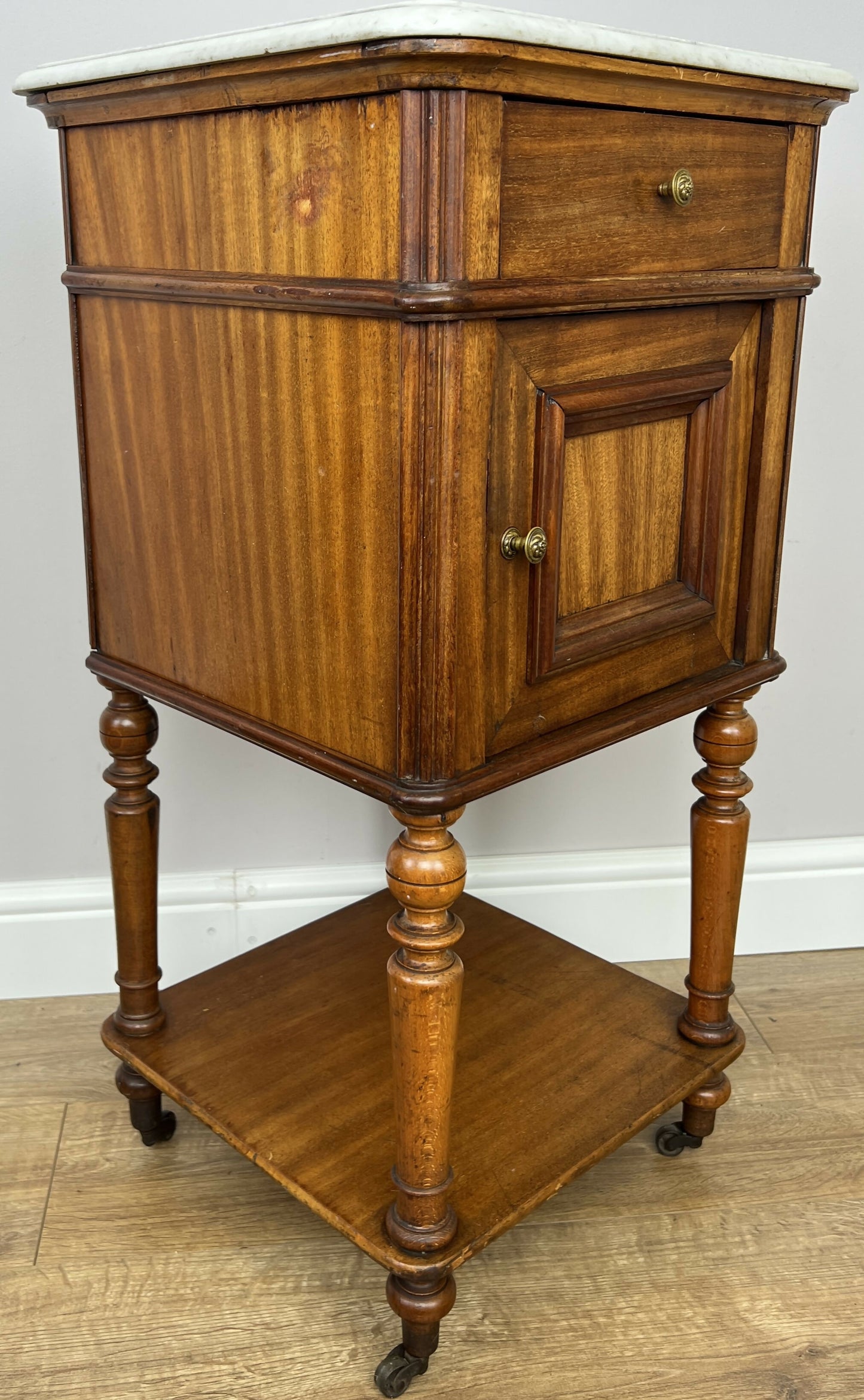 Bedside Table Antique French Style Marble Top Walnut Cabinet Nightstand LOT 6242