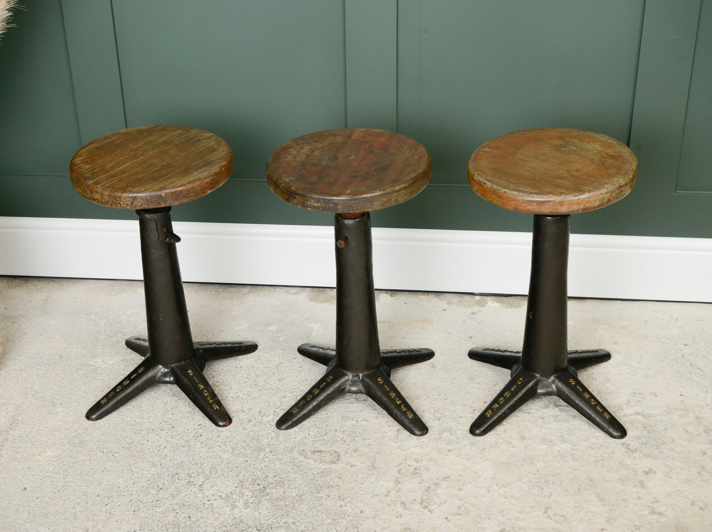 3 Antique Singer Sewing Machinists Stools - Cast Iron - Adjustable Height