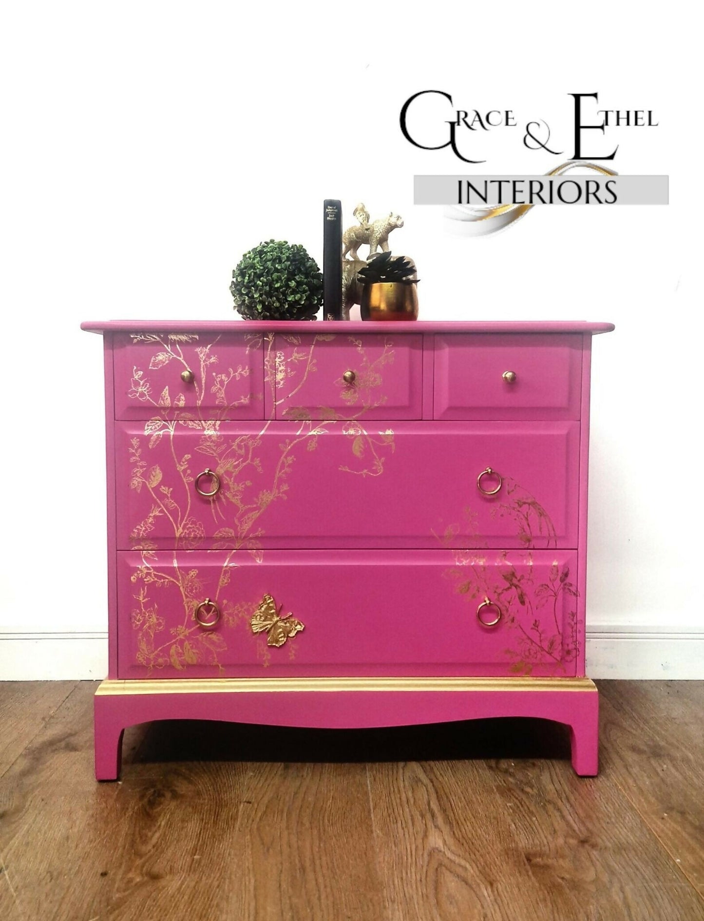 Stag chest of drawers in hot pink and gold