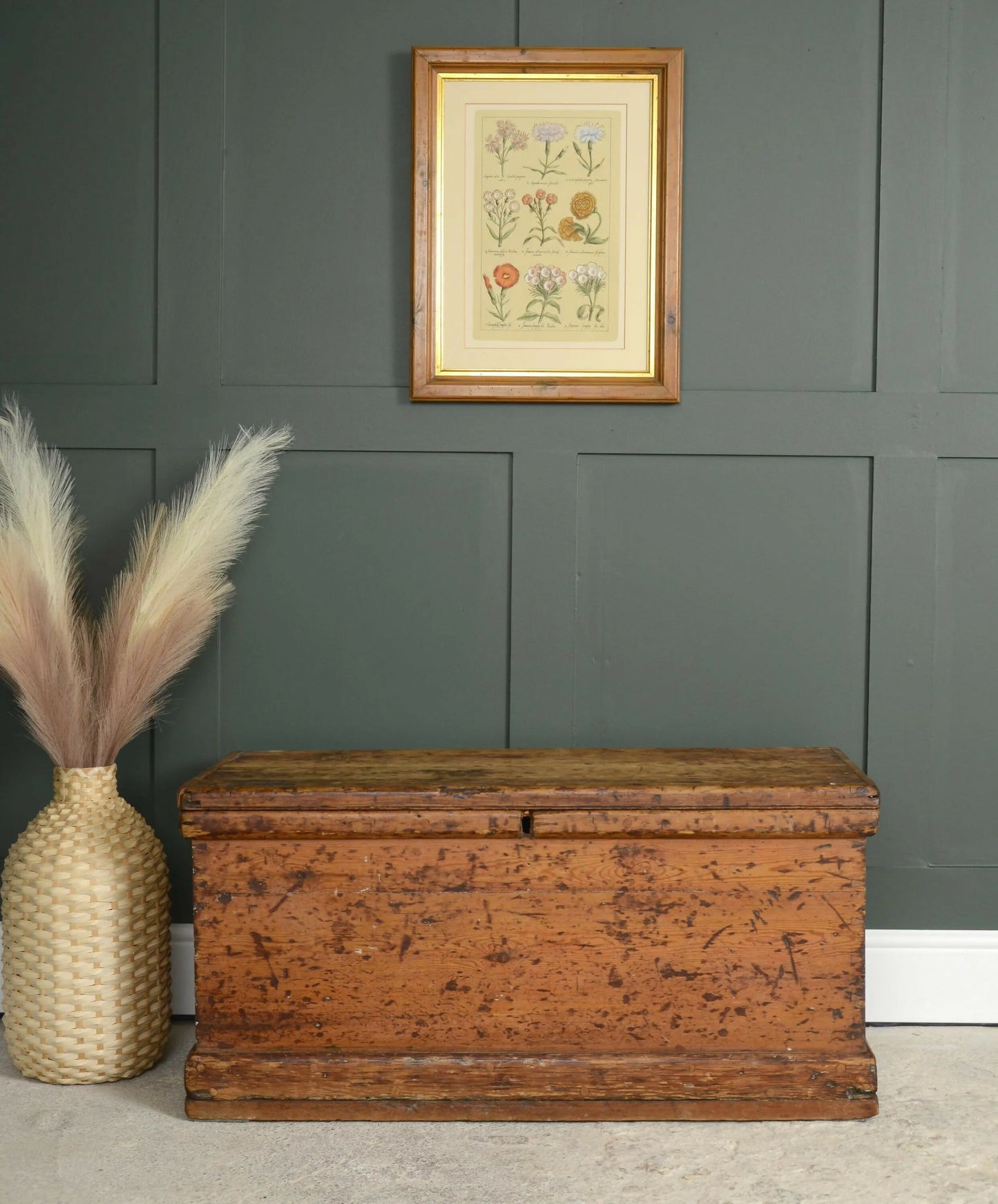 Antique Pine Trunk Box - Toy Chest - Hall Storage - Blanket Box Painted Ship