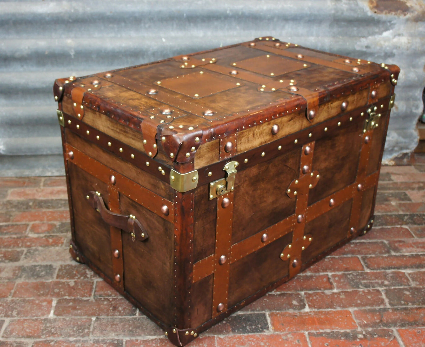 Vintage Inspired English Leather Steamer Trunk Interior Coffee Table End Table