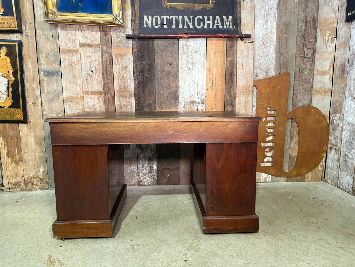 Antique Mid Victorian Walnut and Mahogany Embossed Leather Twin Pedestal Writing Desk, c.1860