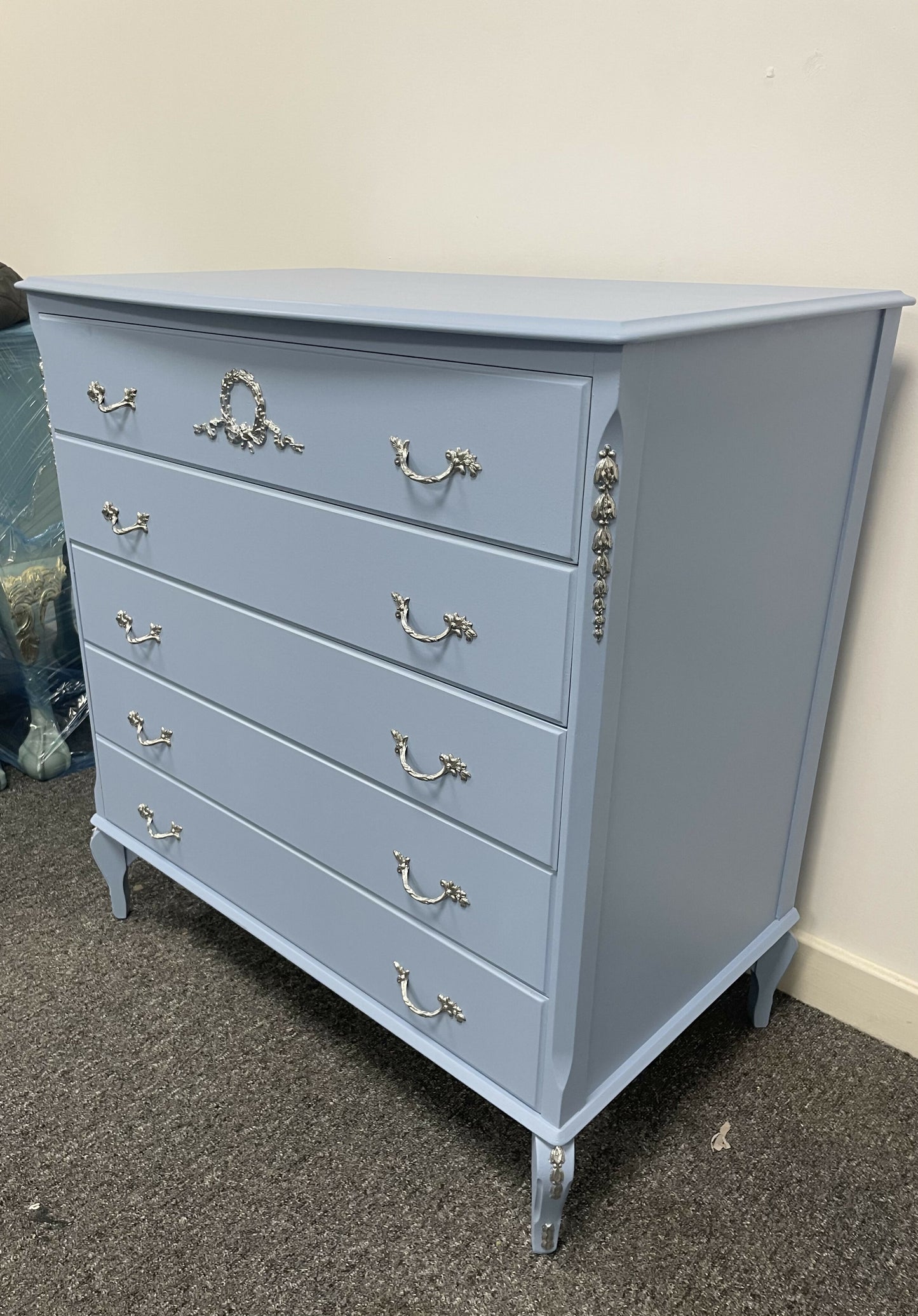 French Louis Style Blue and silver Chest of Drawers: Ornate 5-Drawer Dresser