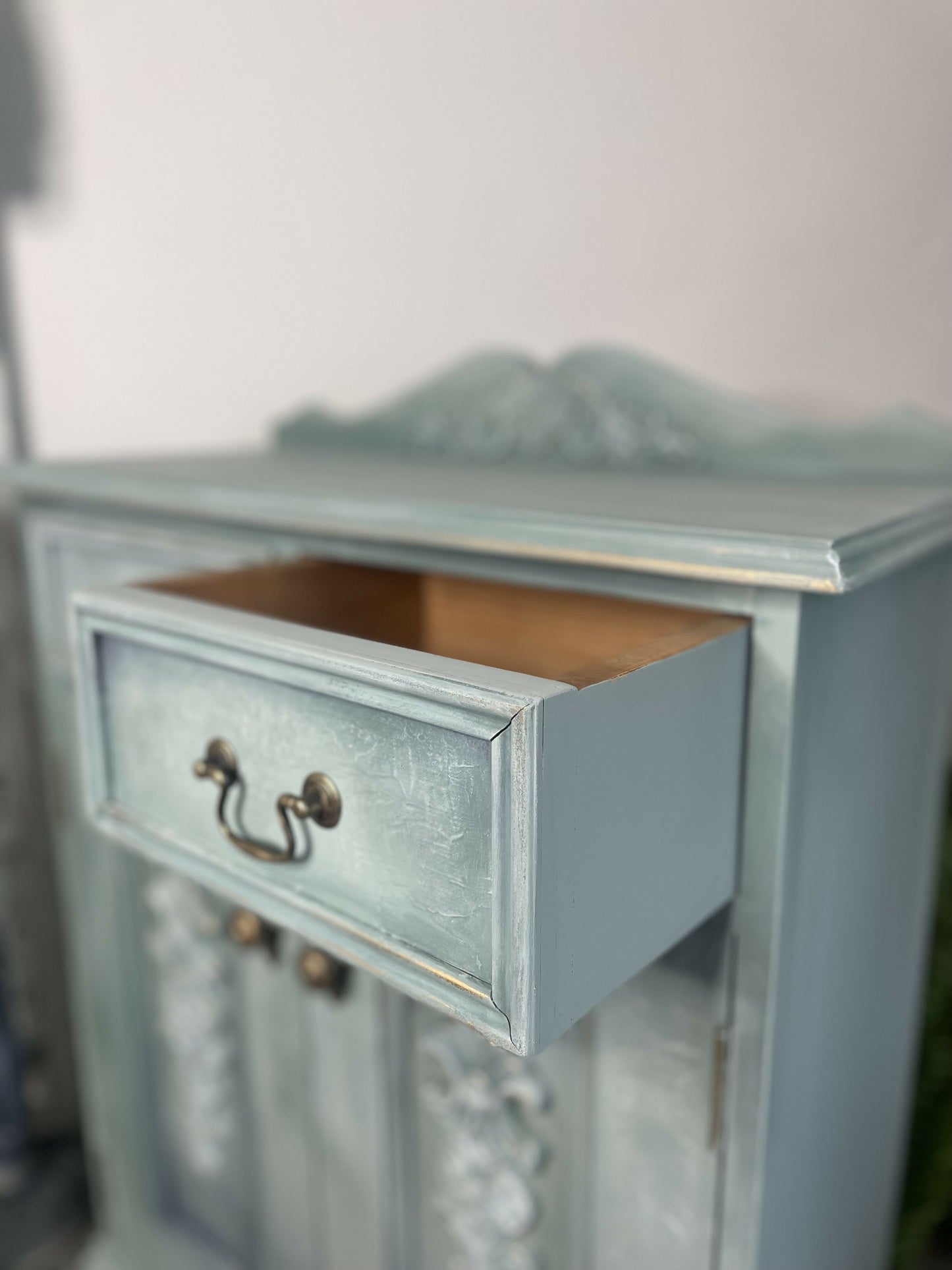 Vintage Solid Pine Cabinet | Hand Painted Duck Egg Blue Cupboard | Floral Decoupage Interior | UK Delivery Included