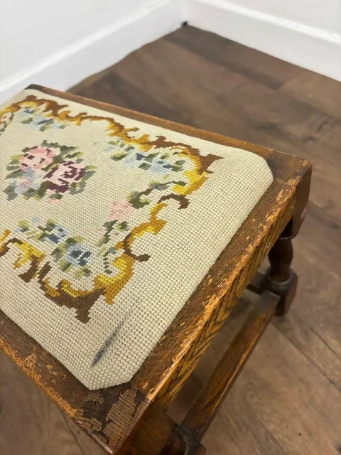 Vintage Oak Stool with Embroidered Pad