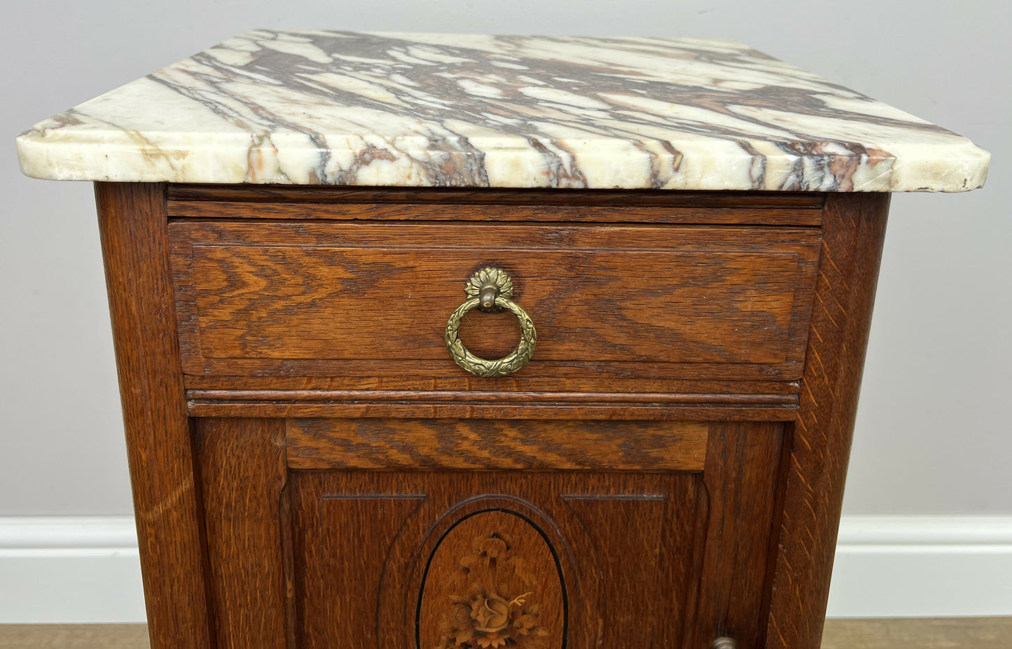 Bedside Table Antique French Marble Top Oak Cabinet Carved Cupboard LOT 6353