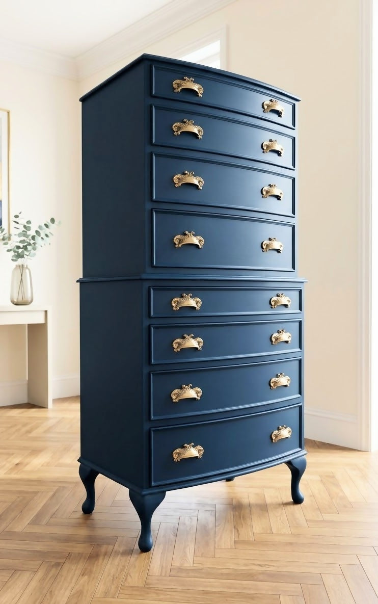Vintage art deco Navy blue tallboy chest of drawers