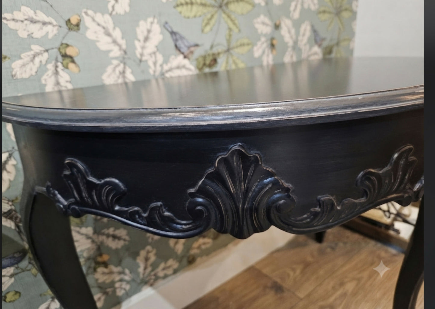 Reproduction Maison Demi Lune Console in black, manufactured by Gallery Direct Ltd
