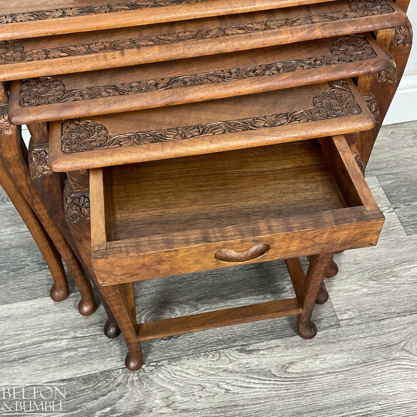 Set of Four Ornate Nesting Tables with Drawer Detail