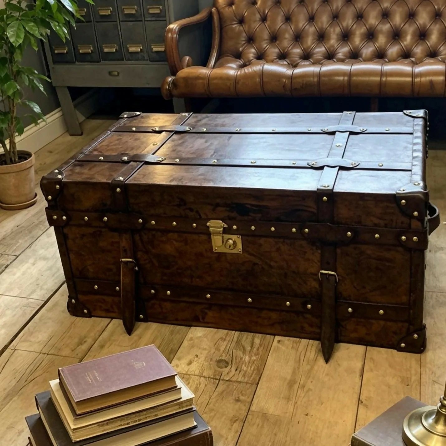 Chestnut Bridle Leather Coffee Table - Luxury Handmade English - Belted - hand Dyed