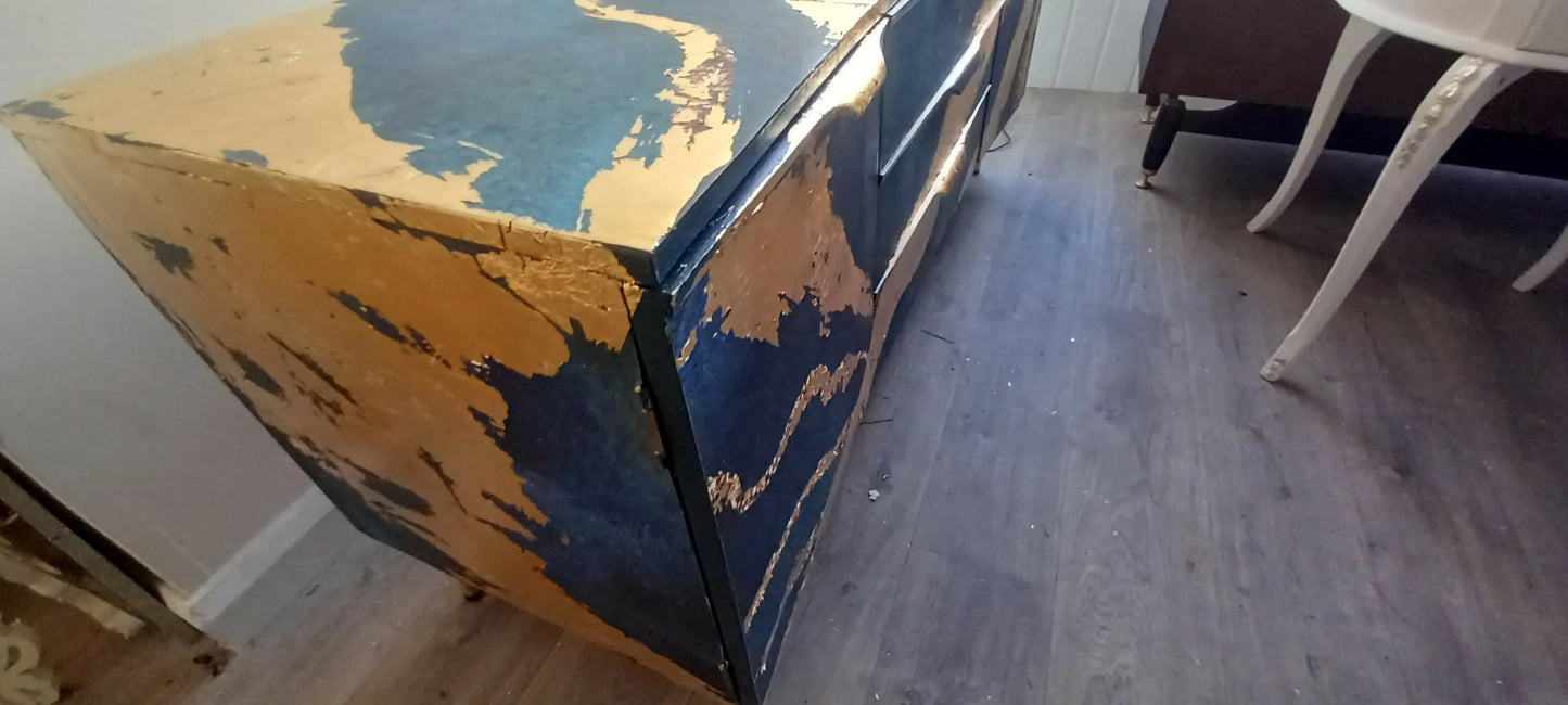 Upcycled Navy Sideboard with Gold Leaf: Mid-Century Modern Cabinet