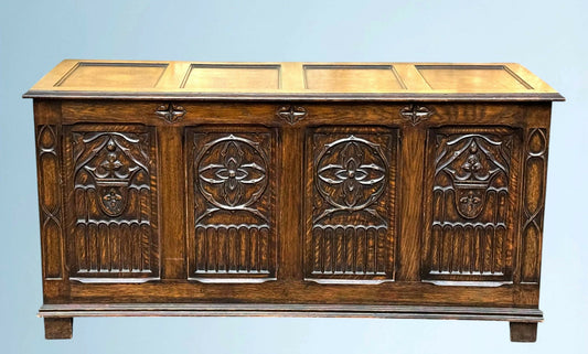 A Large Carved Oak Bedding or Blanket Box With Raised Linen Fold Panels