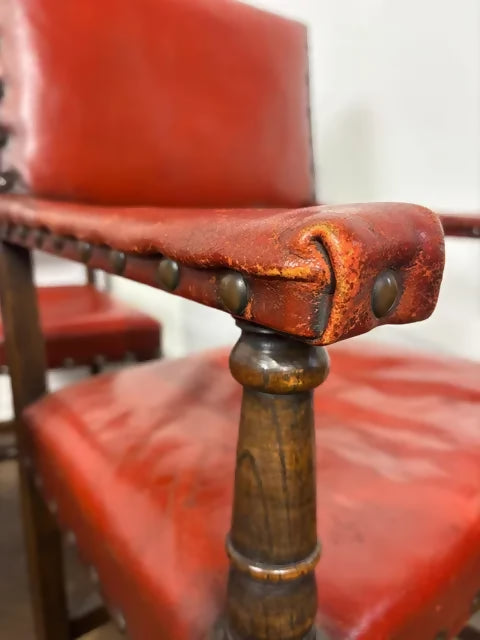 Vintage Set of Six Oak Framed Red Leather Dining Chairs