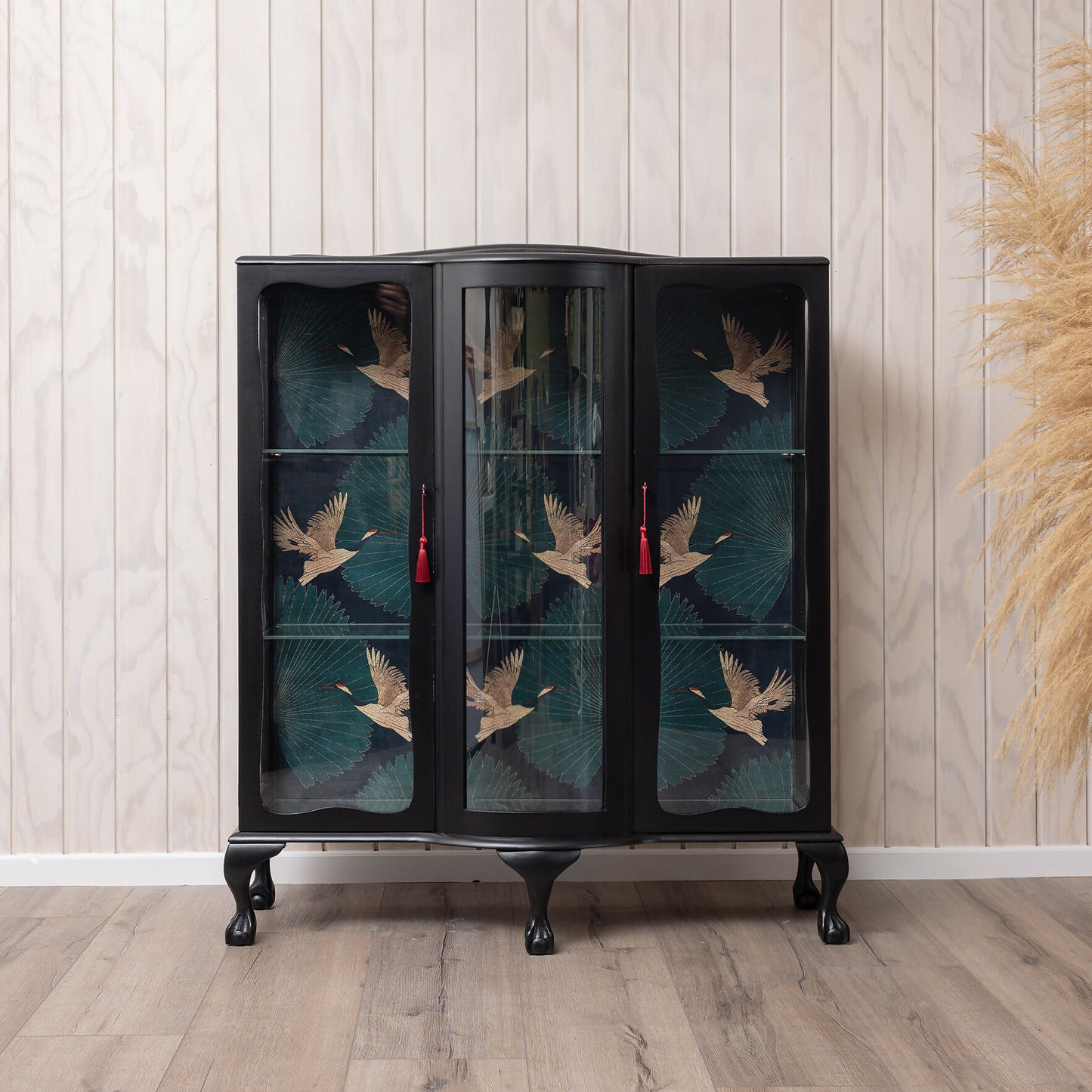 Available: Exquisite Art Deco drinks cabinet decoupaged in a striking blend of emerald green, subltle gold and black crane fabric.