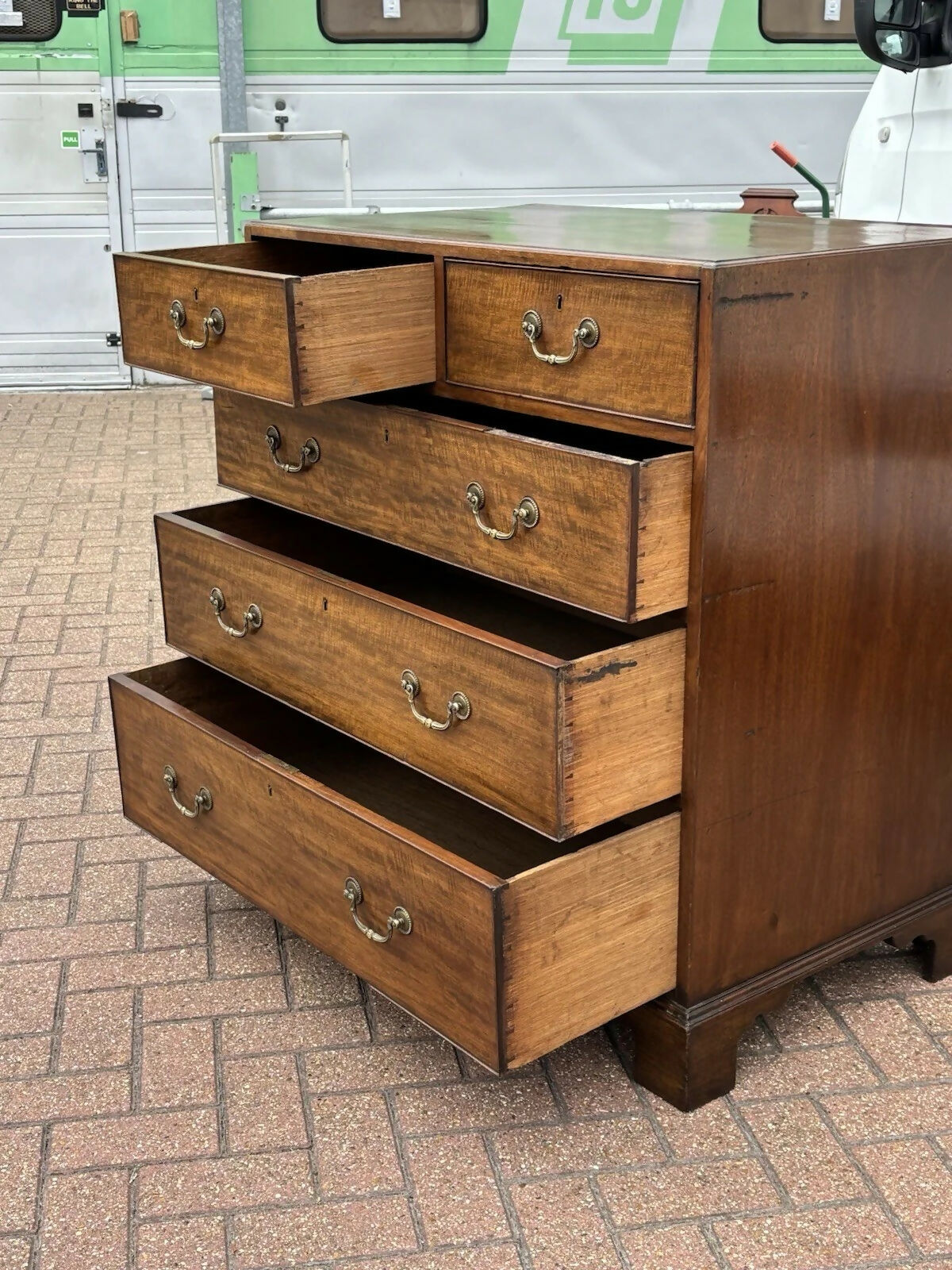 Vintage Mahogany Chest Of Drawers. Brass Handles, Bracket Feet, Fine Propotions