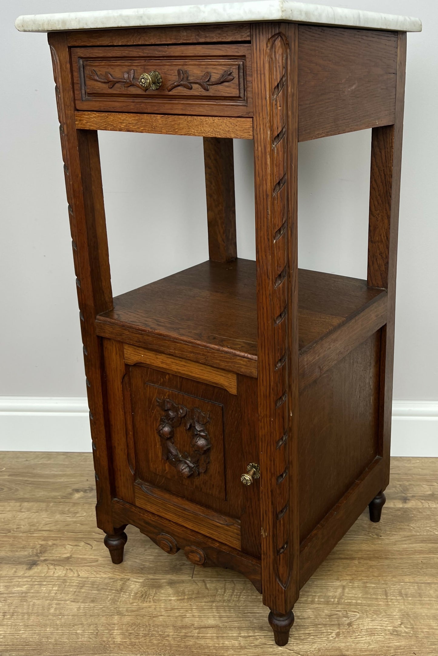Bedside Table Antique French Style Marble Top Oak Cabinet Nightstand LOT 6240