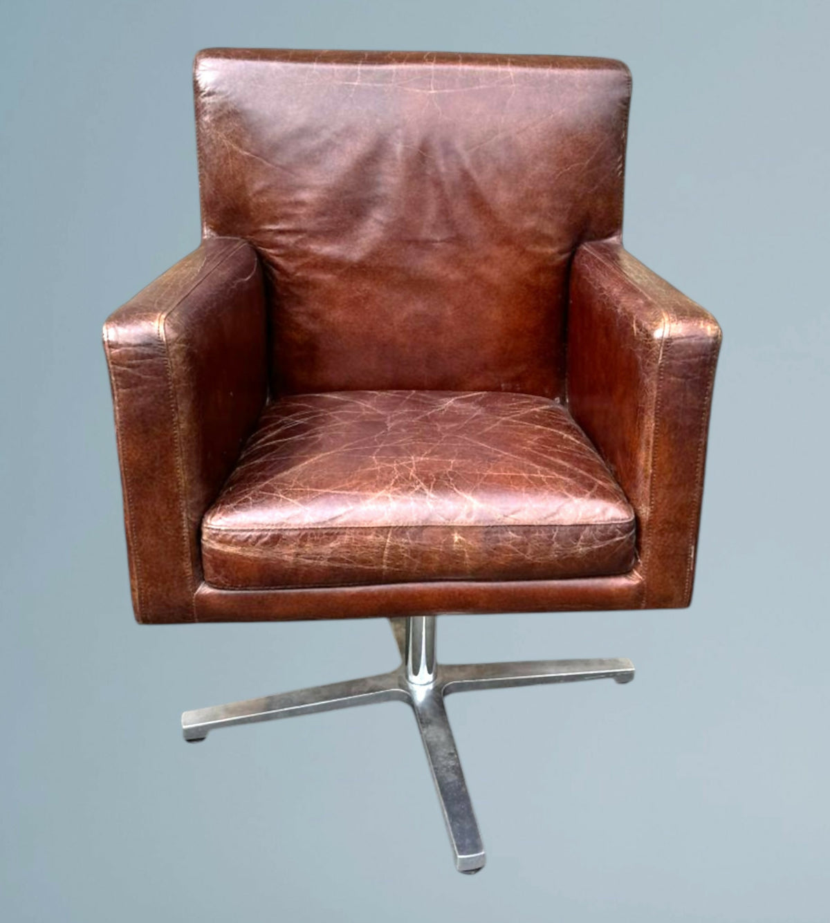Two Hand Dyed Brown Leather Aviators Swivel Captains Chairs